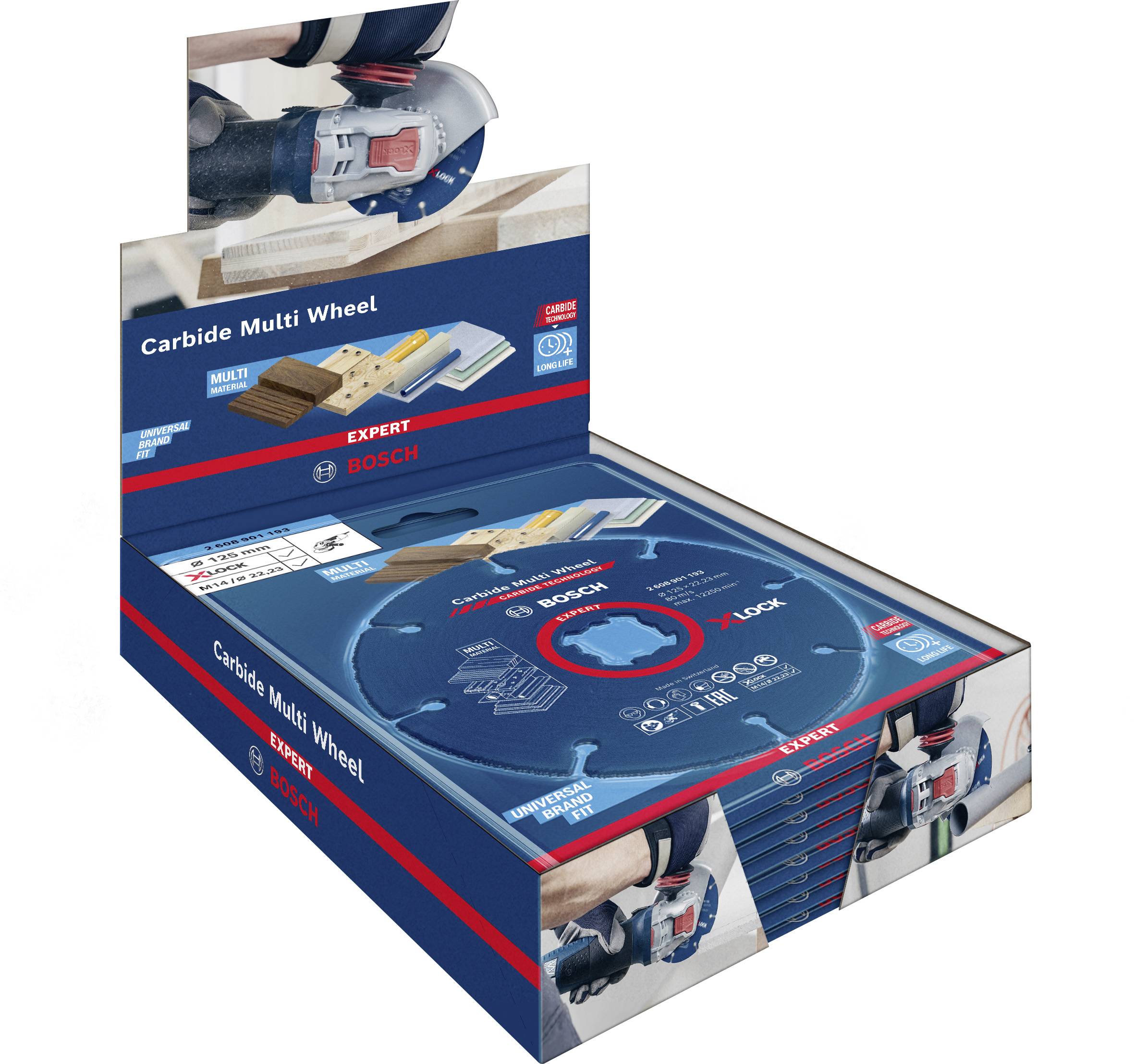 Die Verpackung zeigt ein Bosch 'Carbide Multi Wheel', geeignet für Holz, Kunststoff und mehr. Das Produkt hebt sich durch Vielseitigkeit hervor.