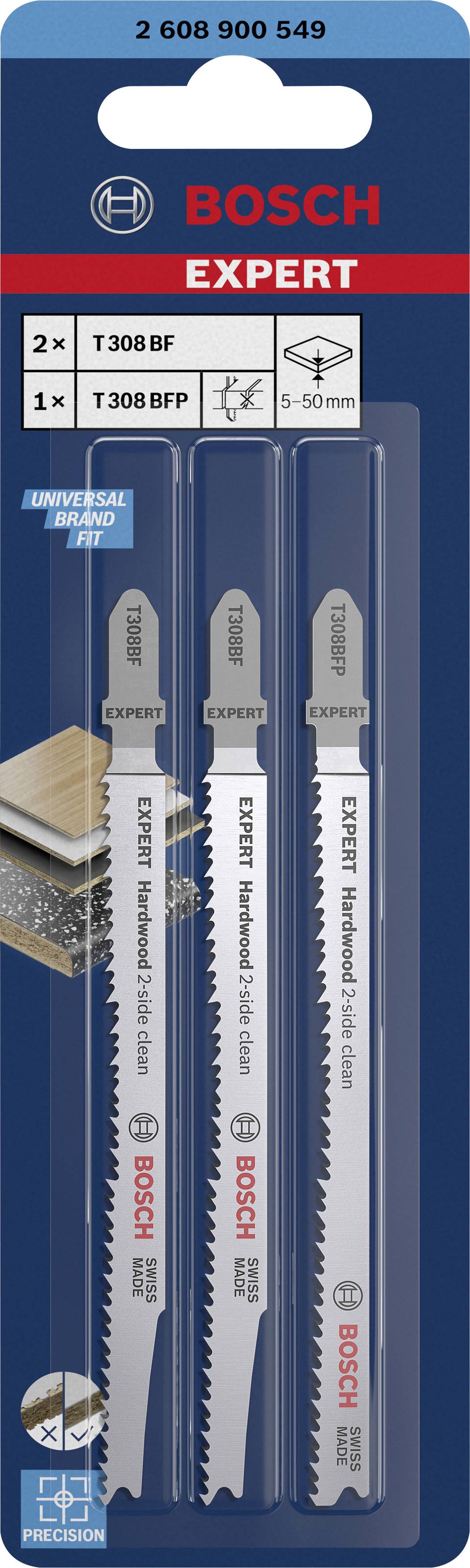 'Bosch Expert' Stichsägenblätter-Set, 3 Teile, enthält 2x T308 BF und 1x T308 BFP, geeignet für Holz und Präzisionsschnitte.