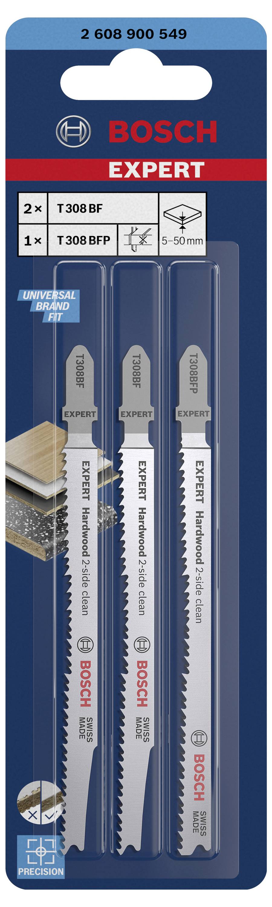 'Bosch Expert' Stichsägeblätter-Set enthalten, ideal für präzises Schneiden. Beinhaltet zwei T 308 BF und ein T 308 BFP Blatt.