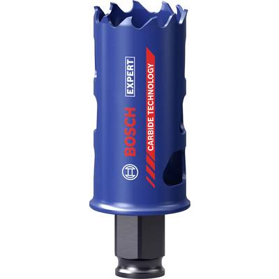 Blaue Lochsäge von Bosch mit 'Carbide Technology' Aufschrift, gezahnte Oberkante, geeignet für präzises Bohren in metallische Materialien.