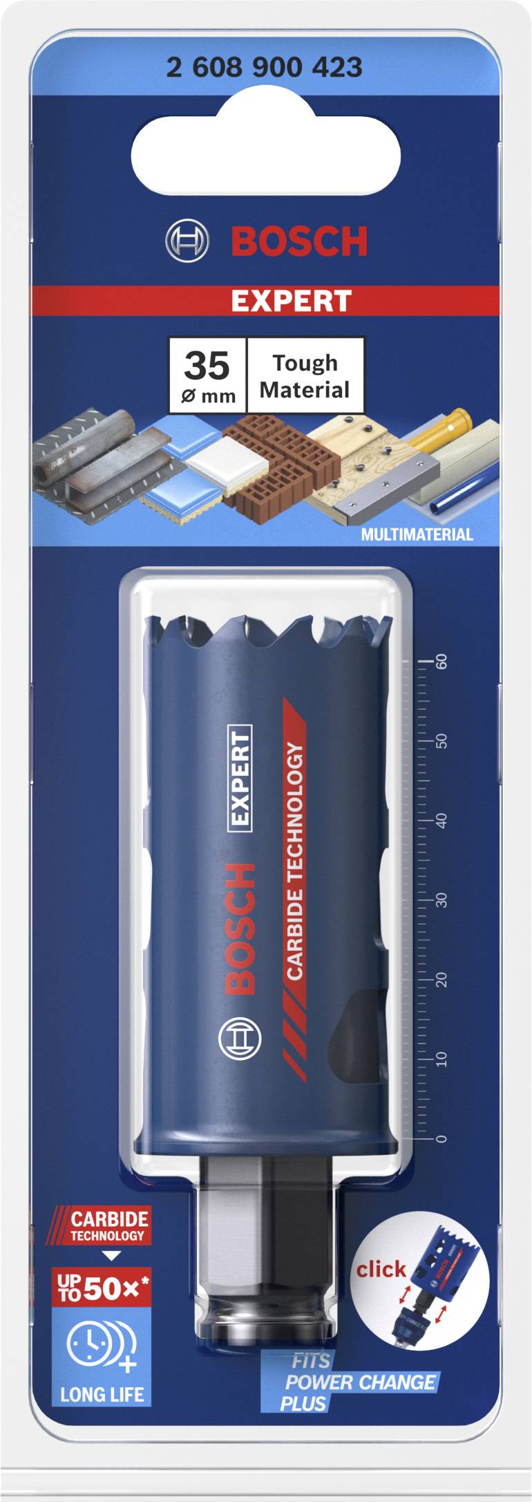 Verpackung eines Bosch Expert Bohrzubehörs, geeignet für harte Materialien, 35 mm Durchmesser, mit langlebigen Eigenschaften.