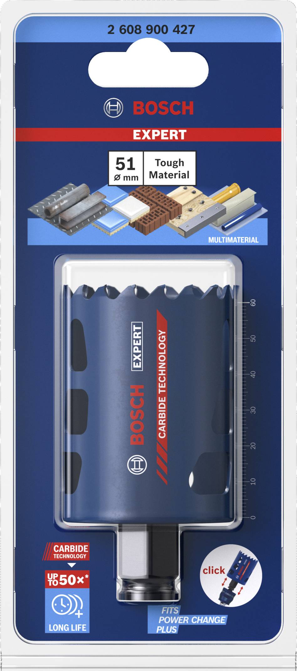 'Bosch Expert' Lochsäge-Verpackung mit 51 mm Durchmesser. Geeignet für harte Materialien. Enthält ein klickbares Power Change Plus System.