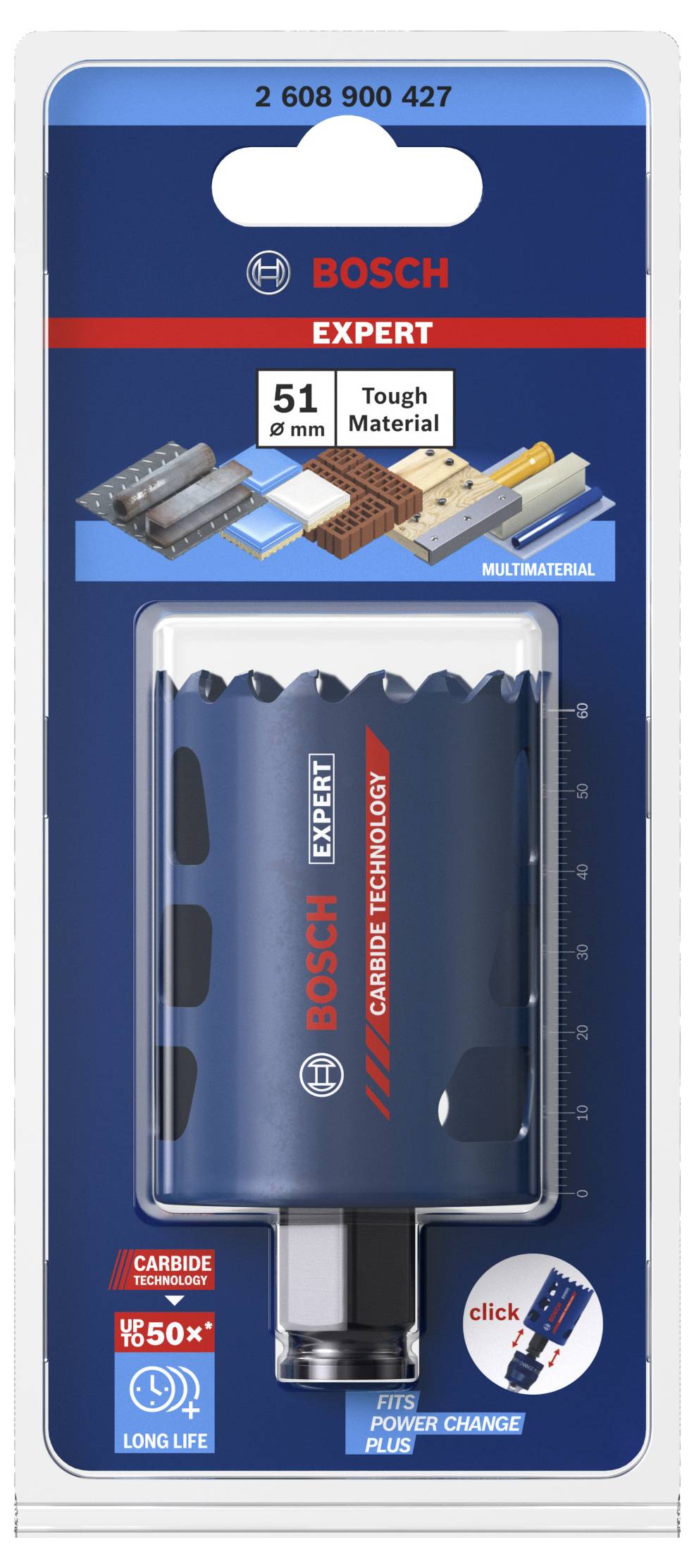 'Bosch Expert Multimaterial-Lochsäge, 51 mm, für harte Materialien. Verpackung zeigt Produkt und Anwendungsbeispiele.'