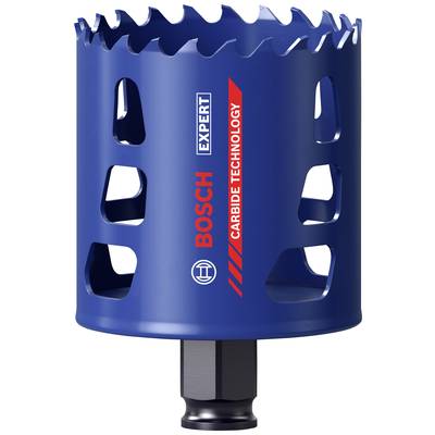Blaue Lochsäge von Bosch mit Aufschrift 'Carbide Technology', zeigt gezacktes Schneidemuster und Öffnungen für effizienteres Bohren.