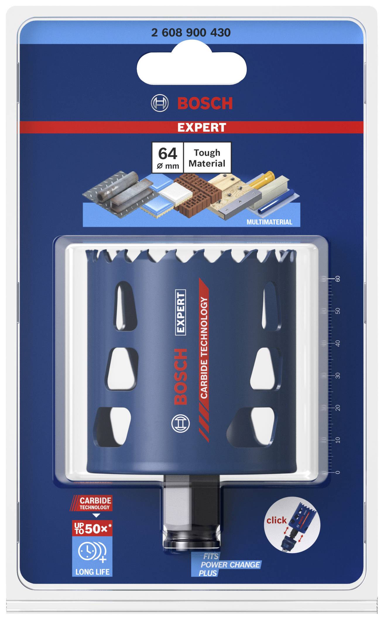 'Bosch Expert' Lochsäge, 64 mm Durchmesser, geeignet für harte Materialien. Verpackung zeigt Produkt, Herstellerlogo und Anwendungshinweise.