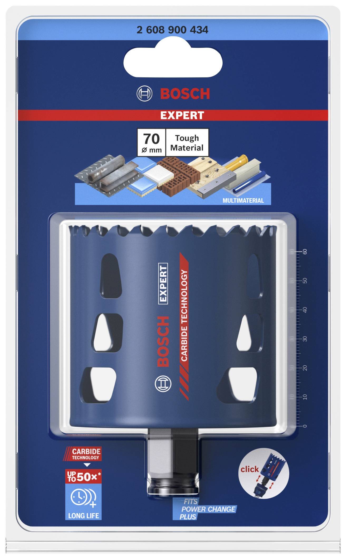 'Bosch Expert' Lochsäge-Verpackung zeigt eine robuste Klinge für harte Materialien, 70 mm Durchmesser, mit Power-Change-Funktion.