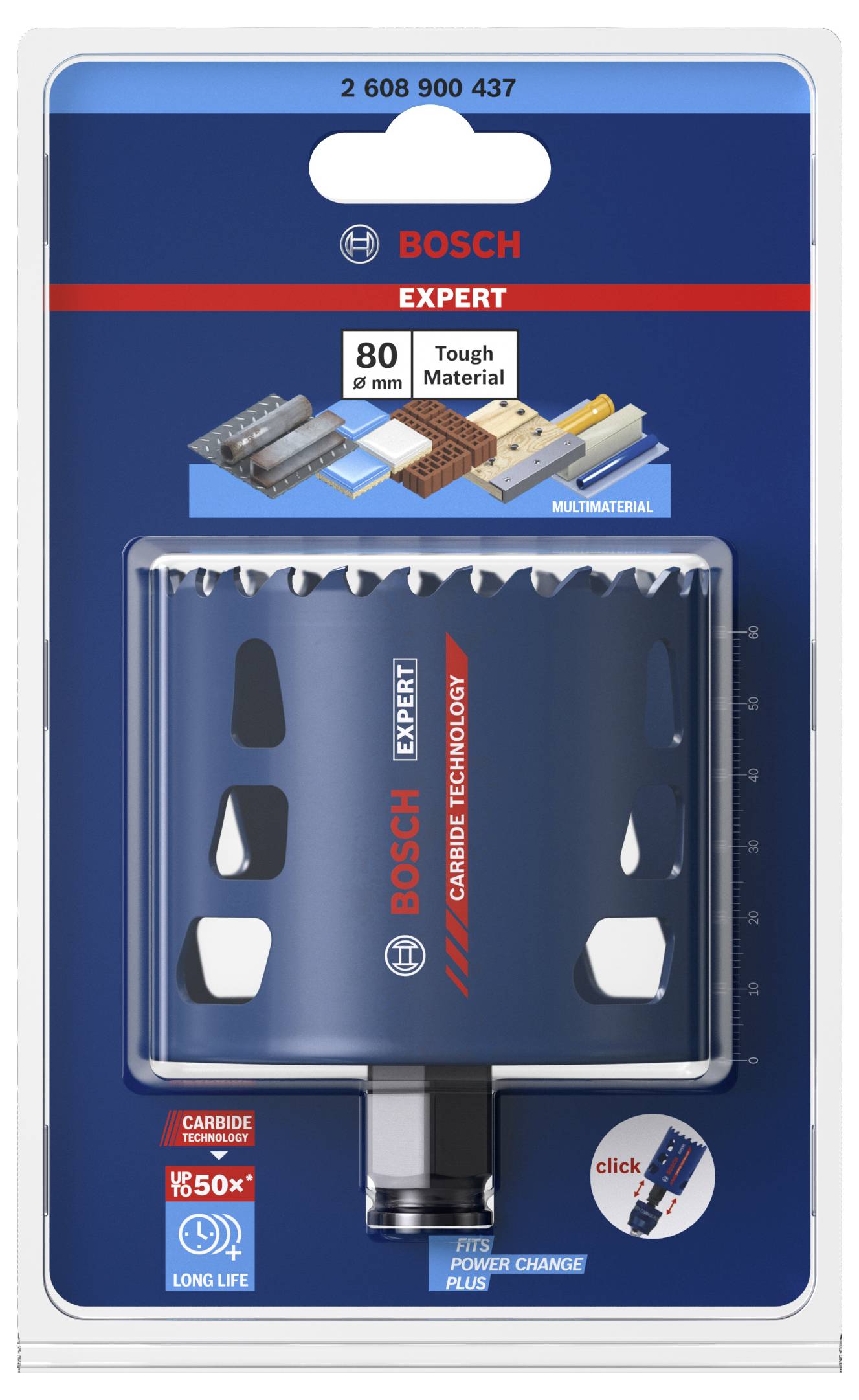 'Bosch Expert' Lochsäge; 80 mm, für harte Materialien; Verpackung zeigt Produkt mit blauer Farbe und Informationen zu Größe und Anwendung.