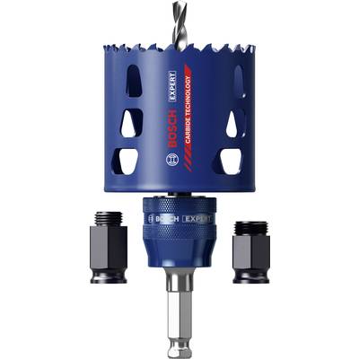 'BOSCH Expert' Lochsäge mit Carbide-Technologie, blau mit Zähnen oben. Enthält zwei schwarze Adapter. Werkzeug für präzises Bohren.