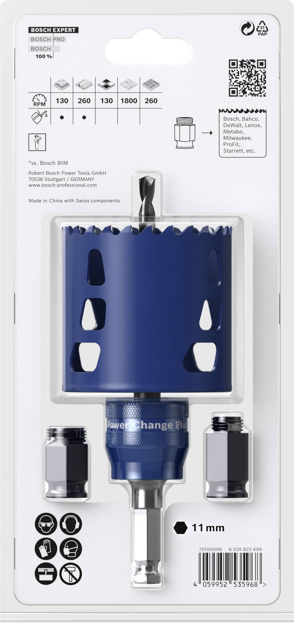 'Bosch Professional Lochsäge-Set für Holz, Metall. Enthält Lochsäge, Adapter und Zentrierbohrer. Durchmesser: 11 mm, Power Change Plus-System.'