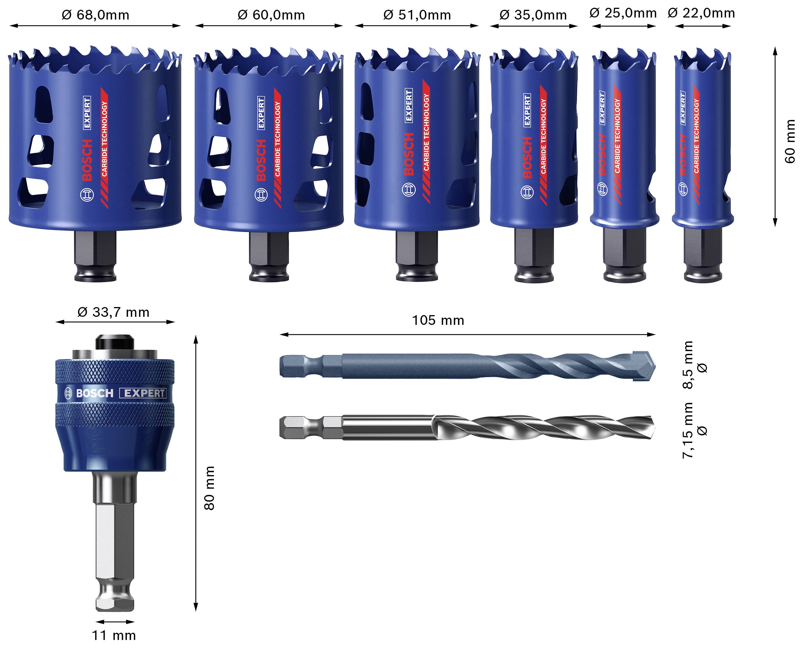 Eine Auswahl an Bosch Lochsägen und Bohrern wird gezeigt. Größen und Maße sind gekennzeichnet: Lochsägen von 22 mm bis 68 mm, Bohrer 105 mm lang.