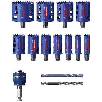 Mehrere blaue Lochsägen in verschiedenen Größen, zwei Bohrer und ein Lochsägenhalter, alle mit dem Logo 'Bosch' gekennzeichnet.