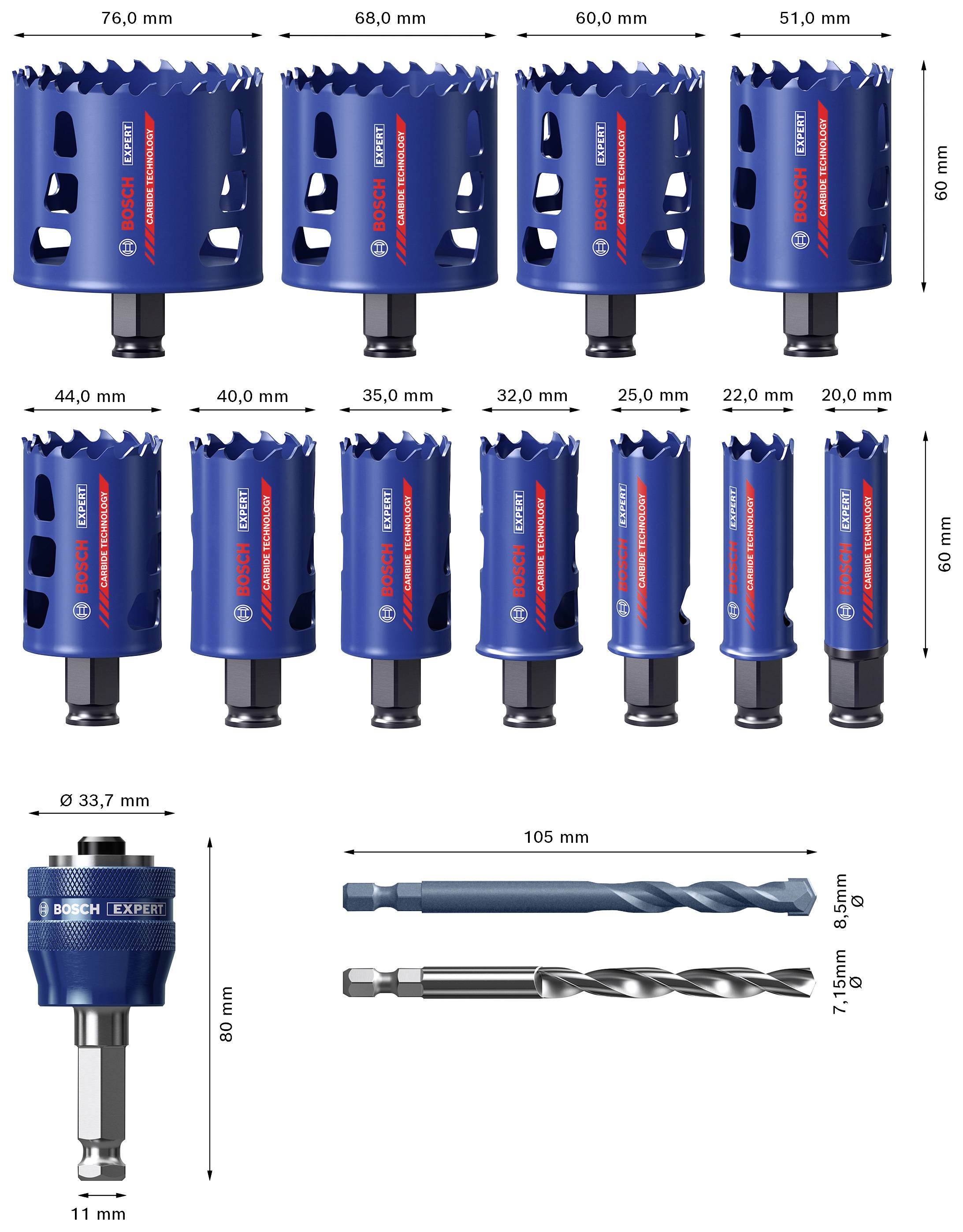 Bohrkronen-Set in verschiedenen Größen von 76 mm bis 22 mm mit Aufsatz und zwei Bohrern. Geeignet für Holz- und Metallarbeiten.