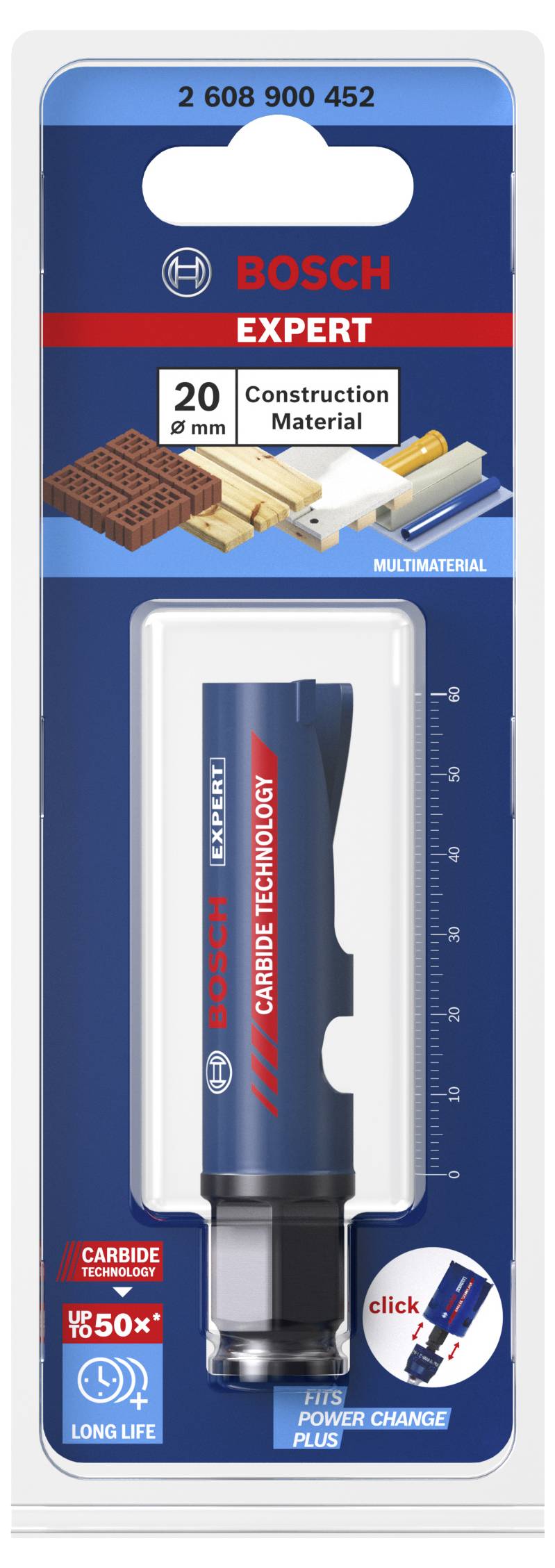 'Bosch Expert' Lochsäge-Verpackung mit 'Carbide Technology' und 'Quick Plug Change'. Geeignet für Baustoffe, bildet 20 Löcher.