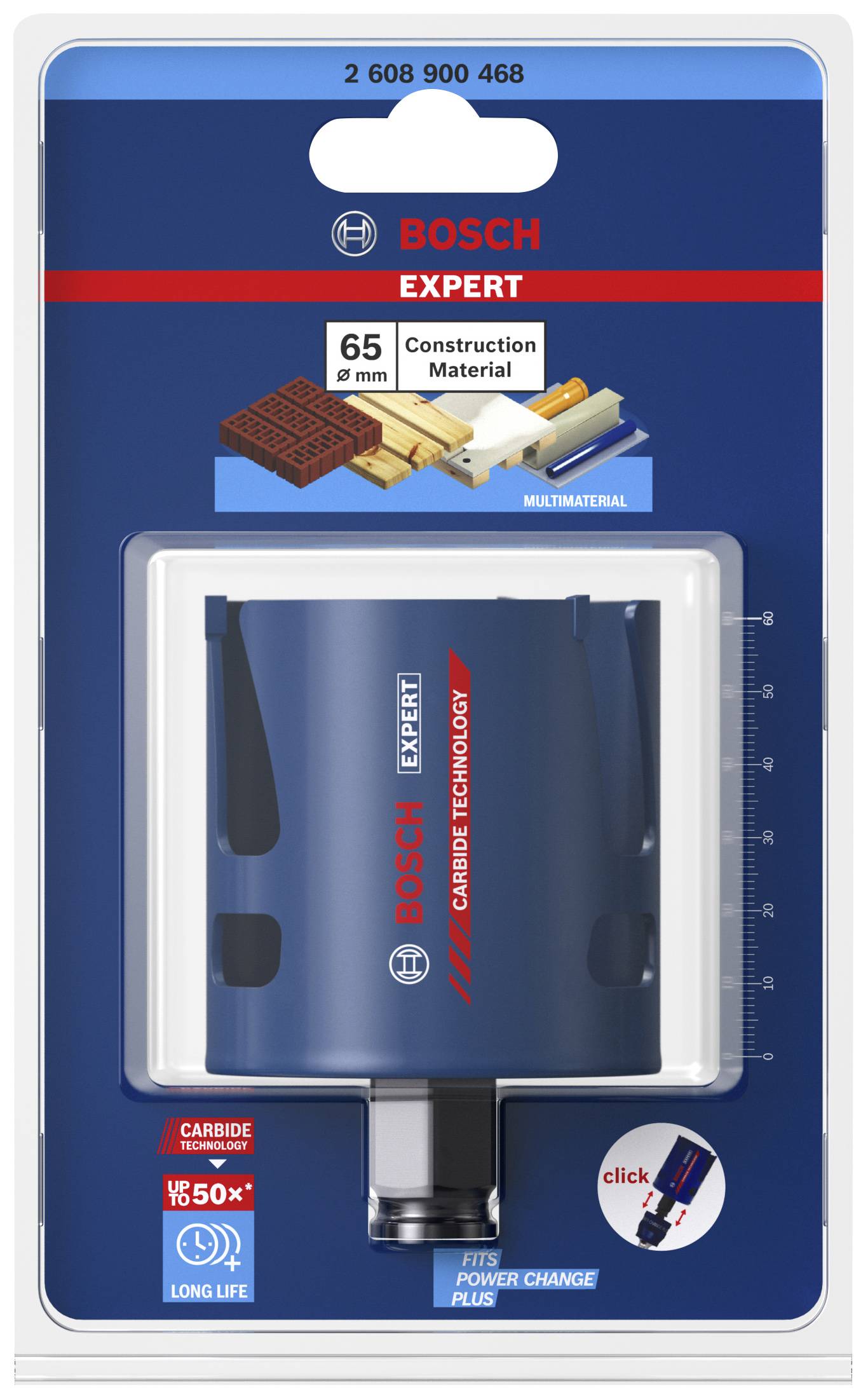 'Bosch Expert' Lochsäge-Set in Verpackung, für Multimaterialien. Geeignet für 65 mm Dicke. Enthält Power-Change-Adapter.