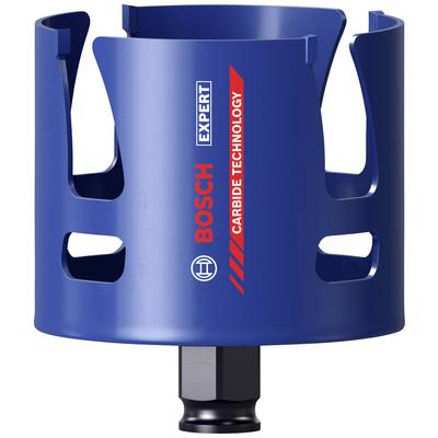 Ein blauer Lochsägeaufsatz mit der Aufschrift 'BOSCH EXPERT CARBIDE TECHNOLOGY', geeignet für präzise Bohrarbeiten in verschiedenen Materialien.