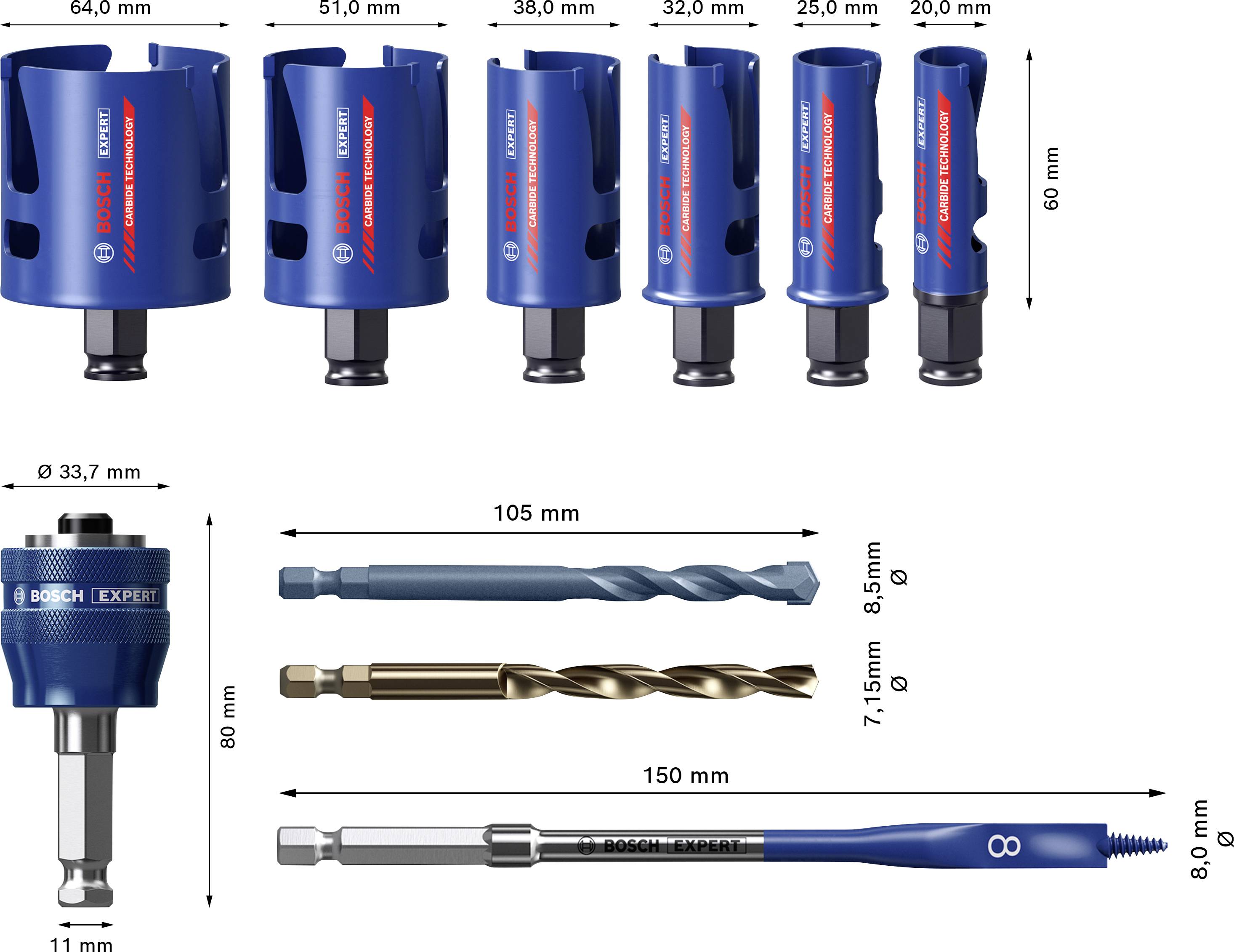 Verschiedene blaue Bohrkronen und Bohrer von Bosch mit Größenangaben. Zeigt Durchmesser und Längen der Werkzeuge für präzise Auswahl.