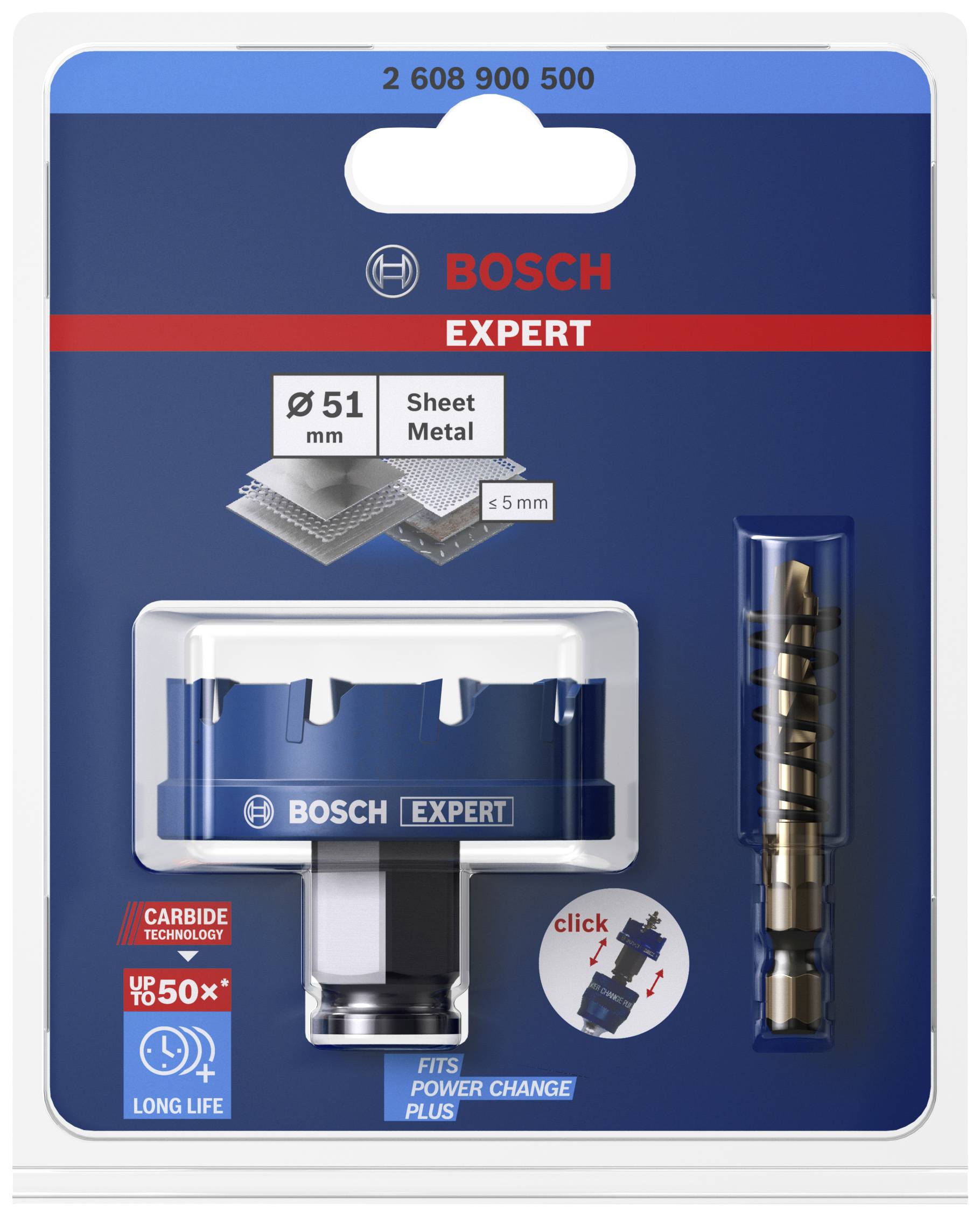 'Bosch Expert' Lochsäge in Verpackung: Ø 51 mm für Metall bis 5 mm. Enthält Schnellwechselaufnahme, langlebig dank Karbid-Technologie.