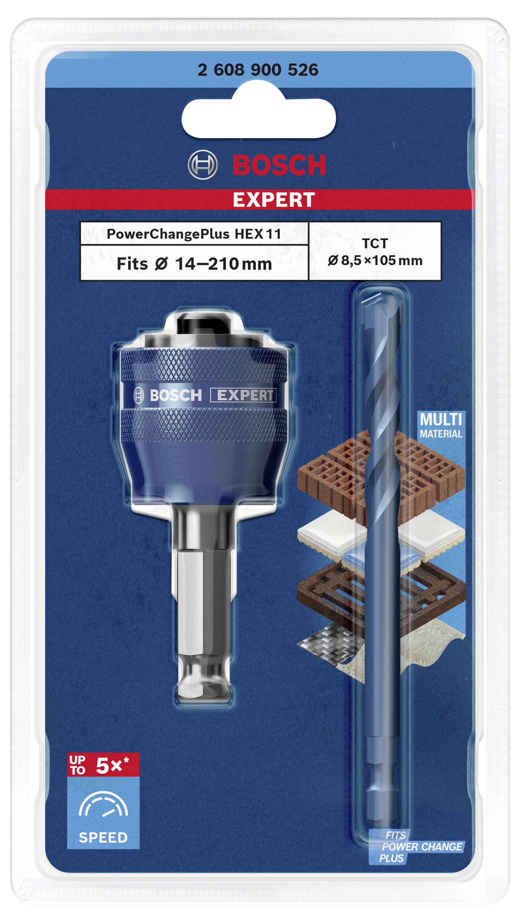Bohrer-Zubehör-Set von Bosch für diverse Materialien, bestehend aus einem blauen Adapter und einem Bohrer. Kompatibel mit 14–210 mm.