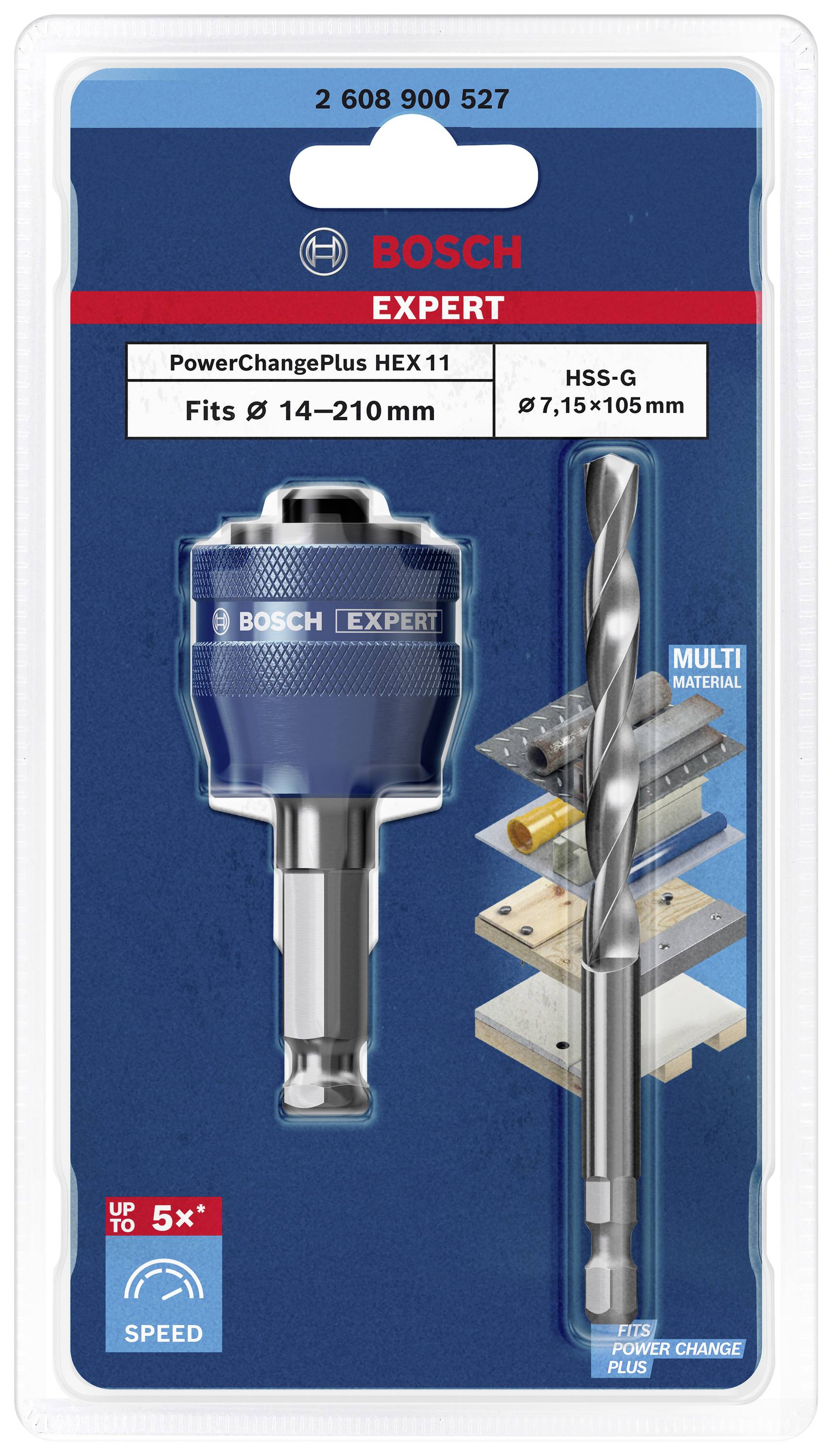Verpackung eines Bohrfutteradapters und Bohrers von Bosch. Geeignet für Durchmesser 14-210 mm und Materialien wie Holz und Metall.