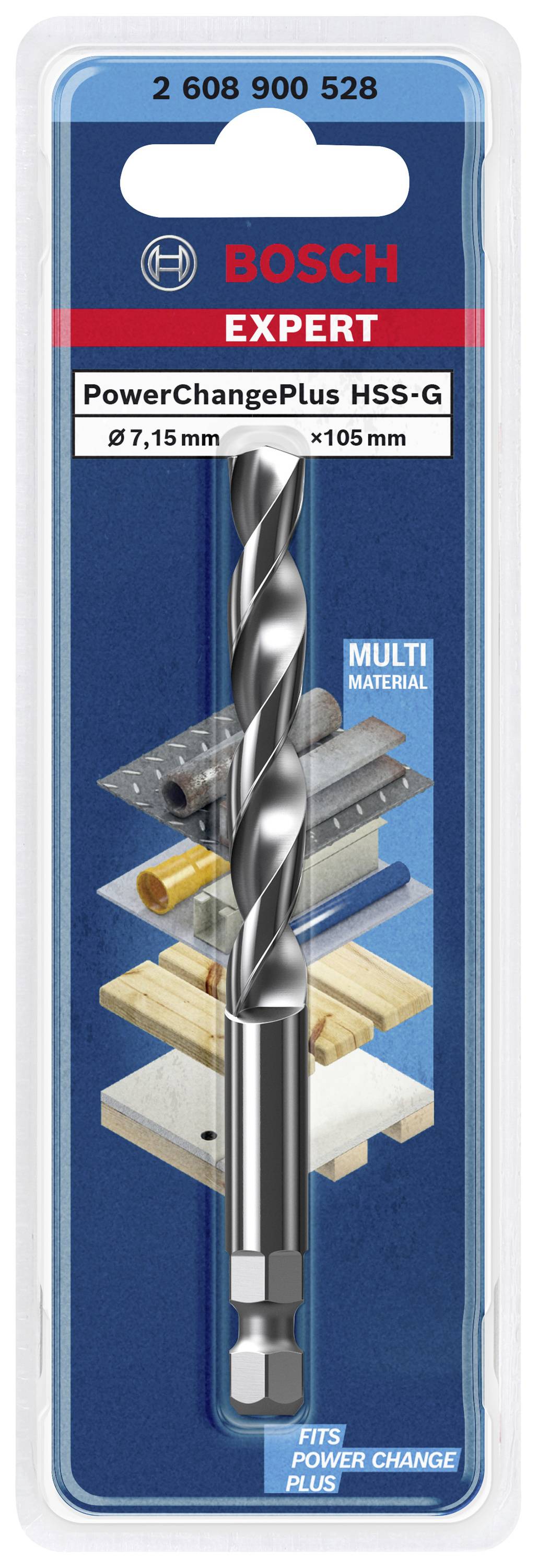'Bosch Expert PowerChangePlus HSS-G Bohrer, Durchmesser 7,15 mm, Länge 105 mm, für Multi-Materialien.' Verpackung zeigt Bohrer vor Holz, Metall und Ziegel als Beispielmaterialien.