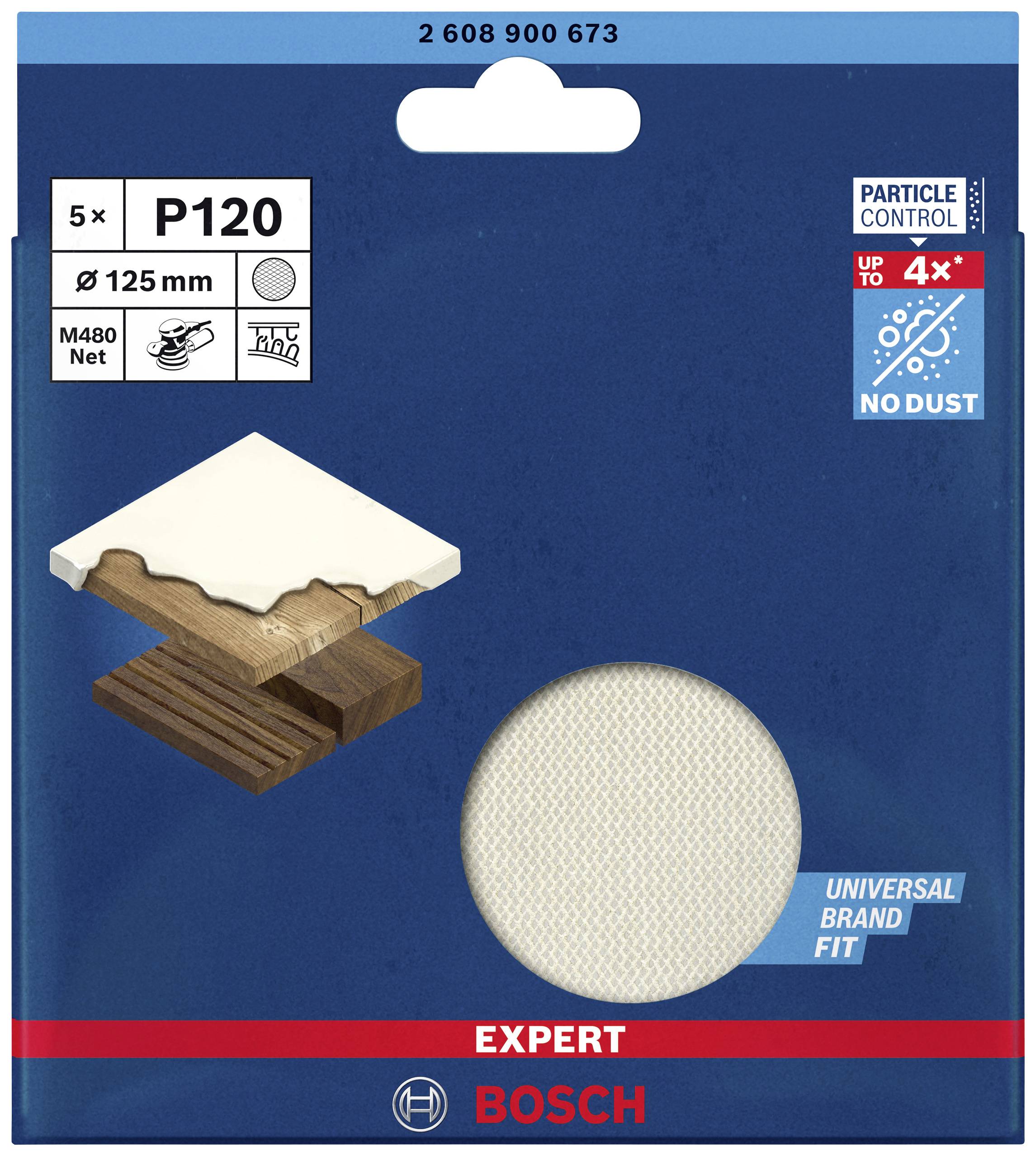 Verpackung für Bosch Schleifpapier, Körnung P120, 125 mm, 5 Stück. Geeignet für Holz, universelle Markenkompatibilität.