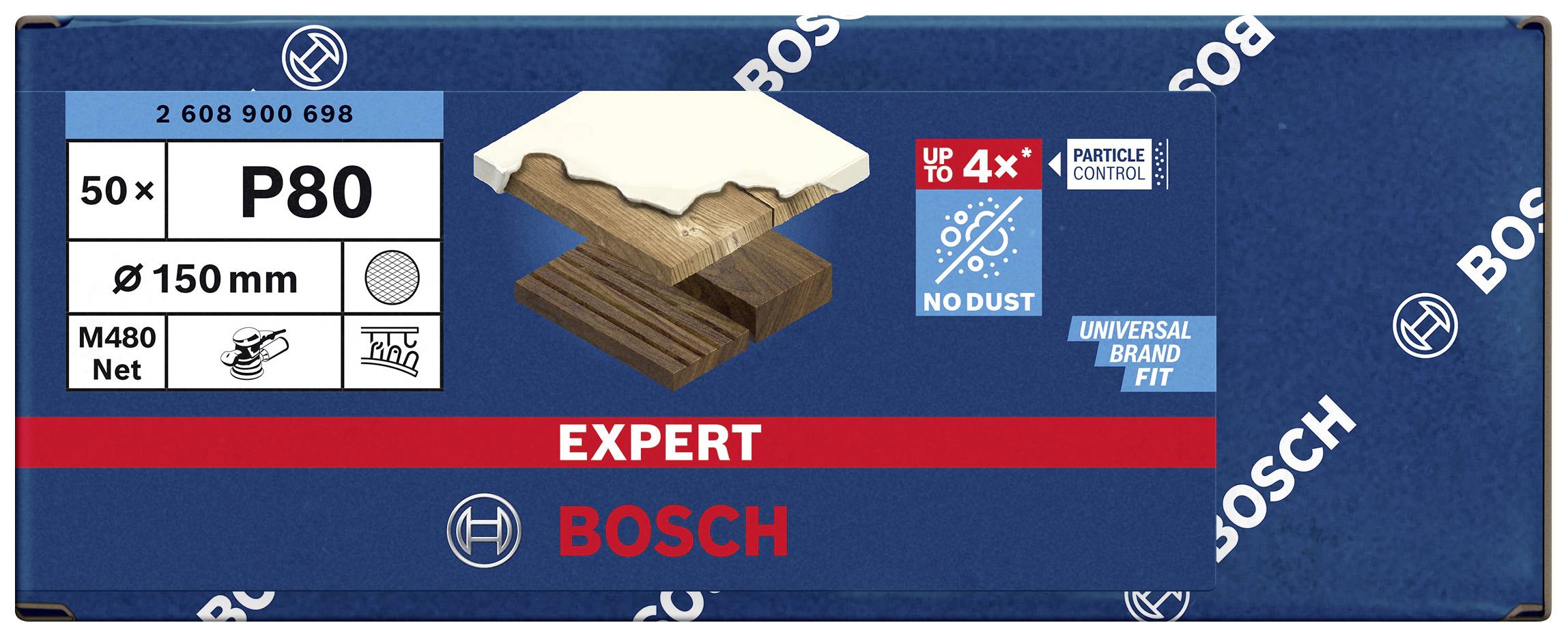 Verpackung von Bosch Schleifpapier, Körnung P80, Durchmesser 150 mm, geeignet für Holz. Text: 'EXPERT', 'UP TO 4X', 'NO DUST'.