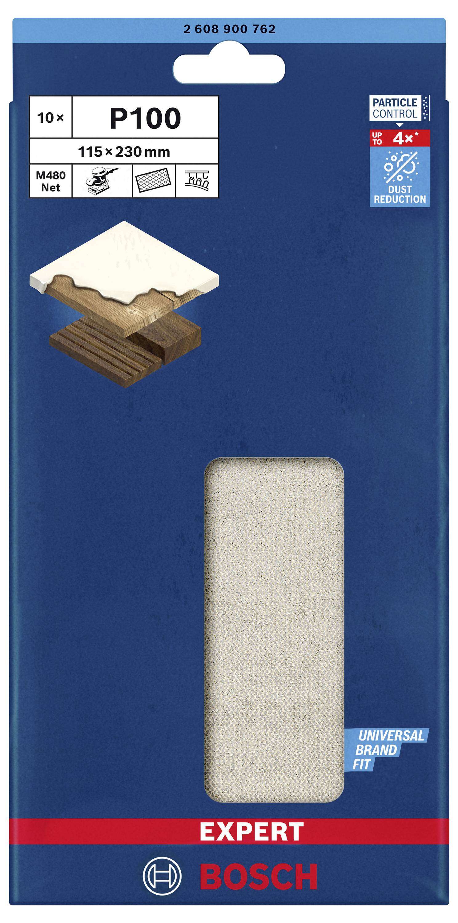 'Verpackung für Bosch Schleifpapier P100, 115x230 mm, 10 Stück. Enthält bildliche Darstellung des Produkts, geeignet für Staubreduktion.'