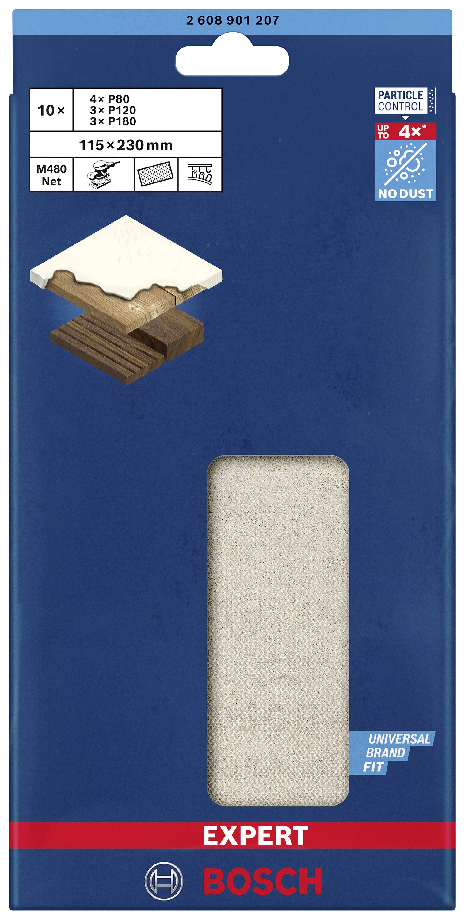 'Bosch Expert Netzschleifblätter Set, 10 Stück: 4x P80, 3x P120, 3x P180. Geeignet für Holz und Farbe. Größe: 115x230 mm.'