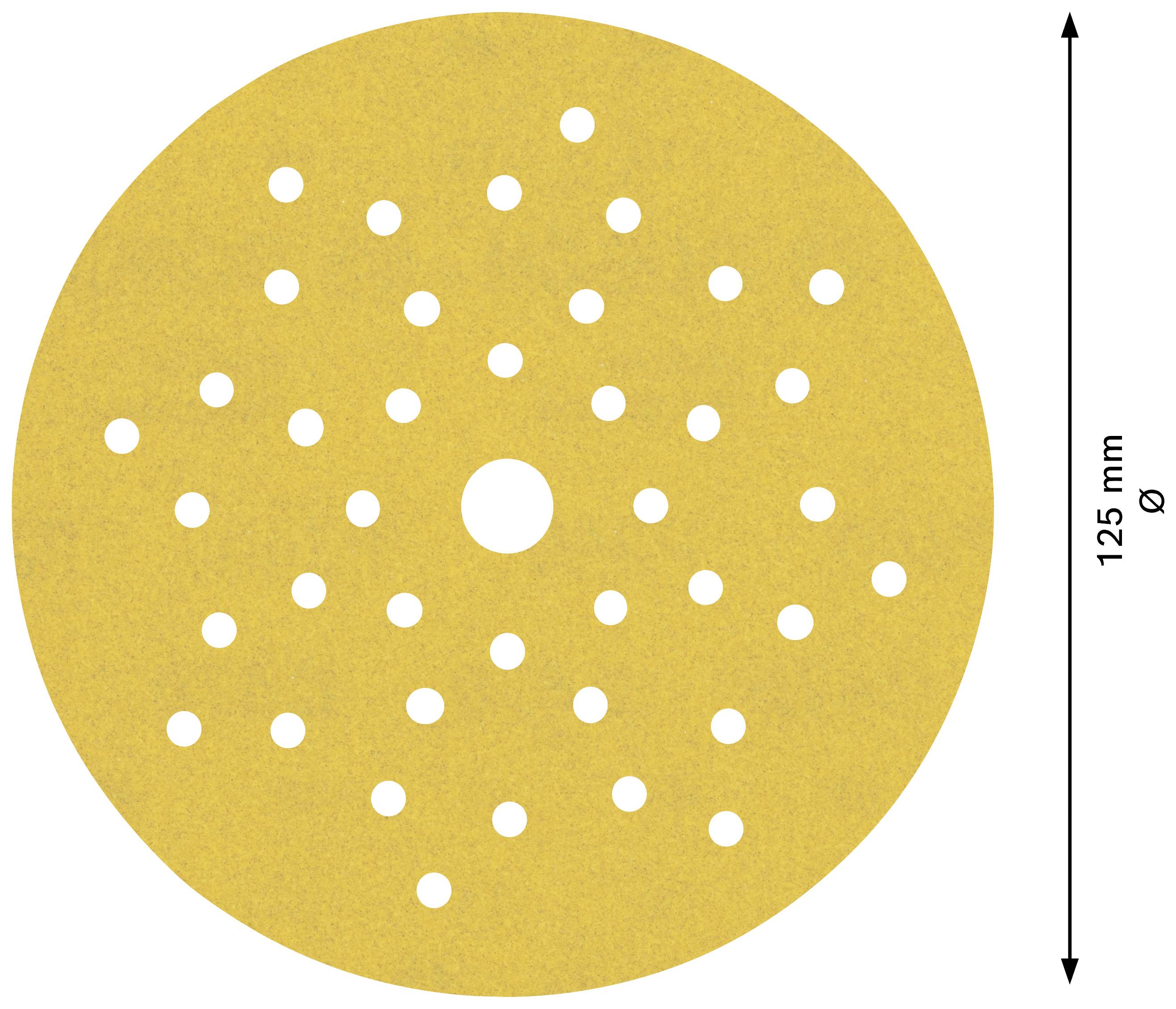 Schleifscheibe mit 125 mm Durchmesser, gelb, viele kleine Löcher gleichmäßig verteilt.
