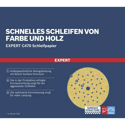 'Schnelles Schleifen von Farbe und Holz' mit Expert C470 Schleifpapier. Vorteile: außergewöhnliche Abtragsleistung, aggressive Kornstruktur, optimierte Kornstreuung für höhere Leistung.
