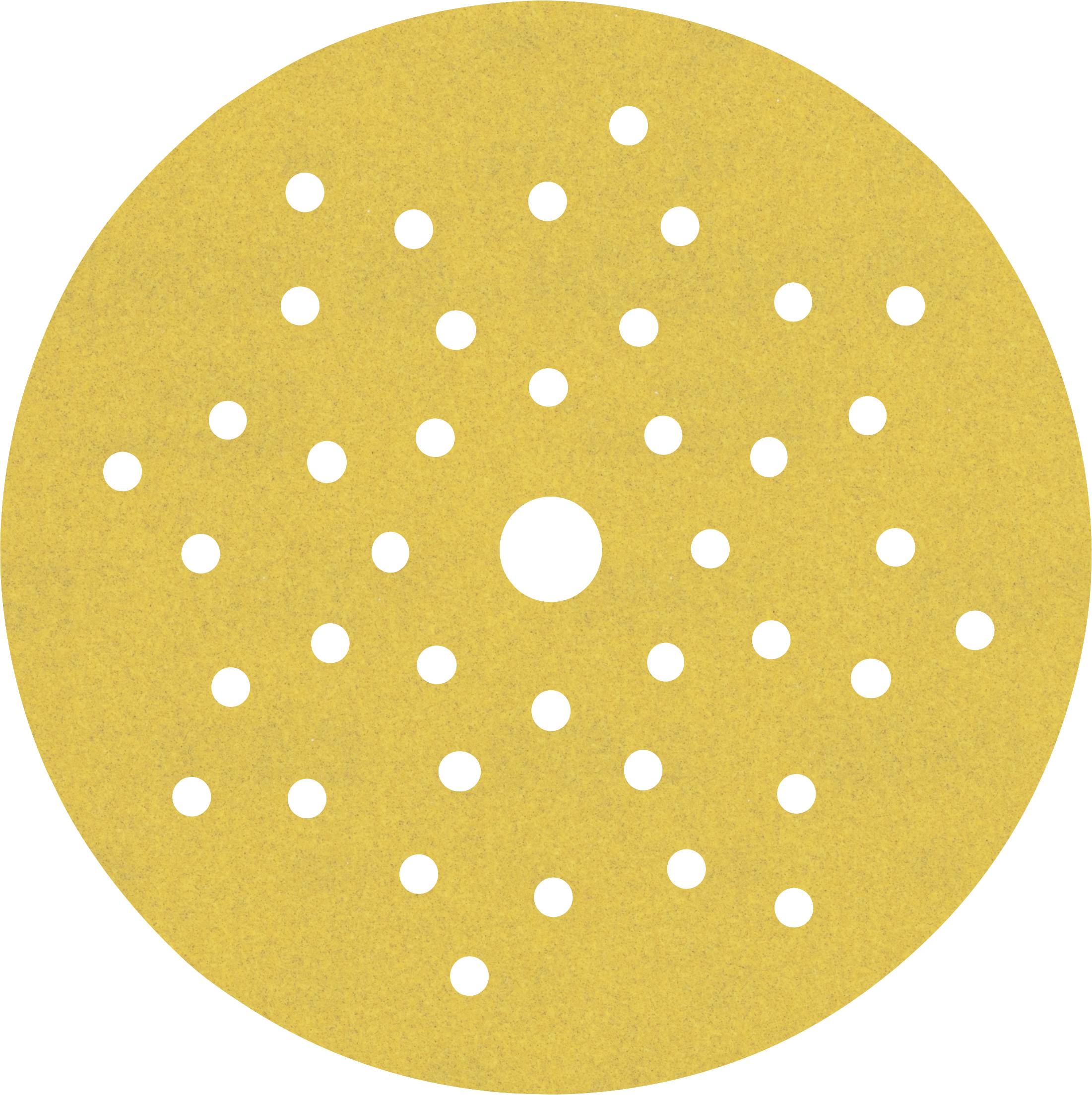 'Goldenes Schleifpapier in runder Form mit mehreren kleinen Löchern gleichmäßig verteilt.'