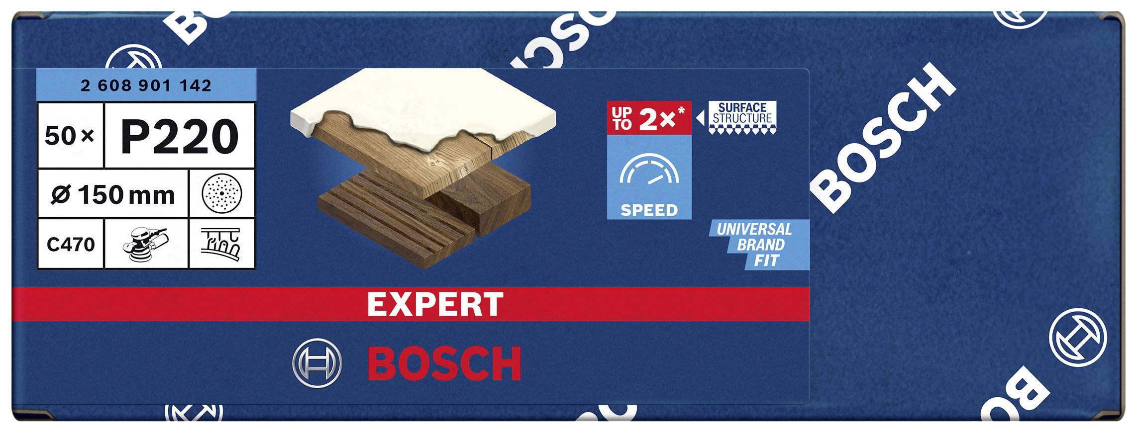 Blau-rote Verpackung von Bosch-Schleifpapier P220 für Holz und Lack, 50 Stück, Ø 150 mm, geeignet für schnelle Bearbeitung.