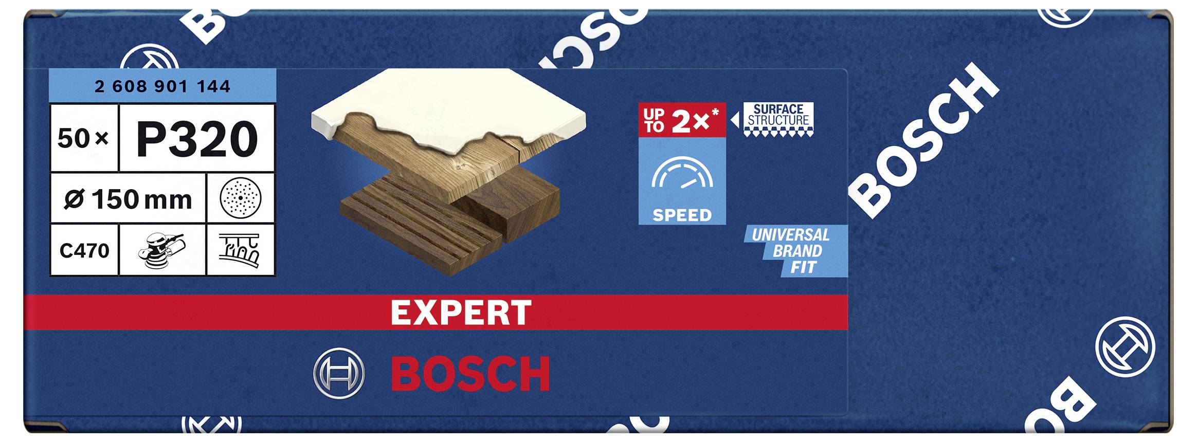 'Bosch Expert P320 Schleifpapier, 50 Stück, 150mm Durchmesser, C470. Für Holzoberflächen geeignet, hohe Geschwindigkeit, universelle Passform.'