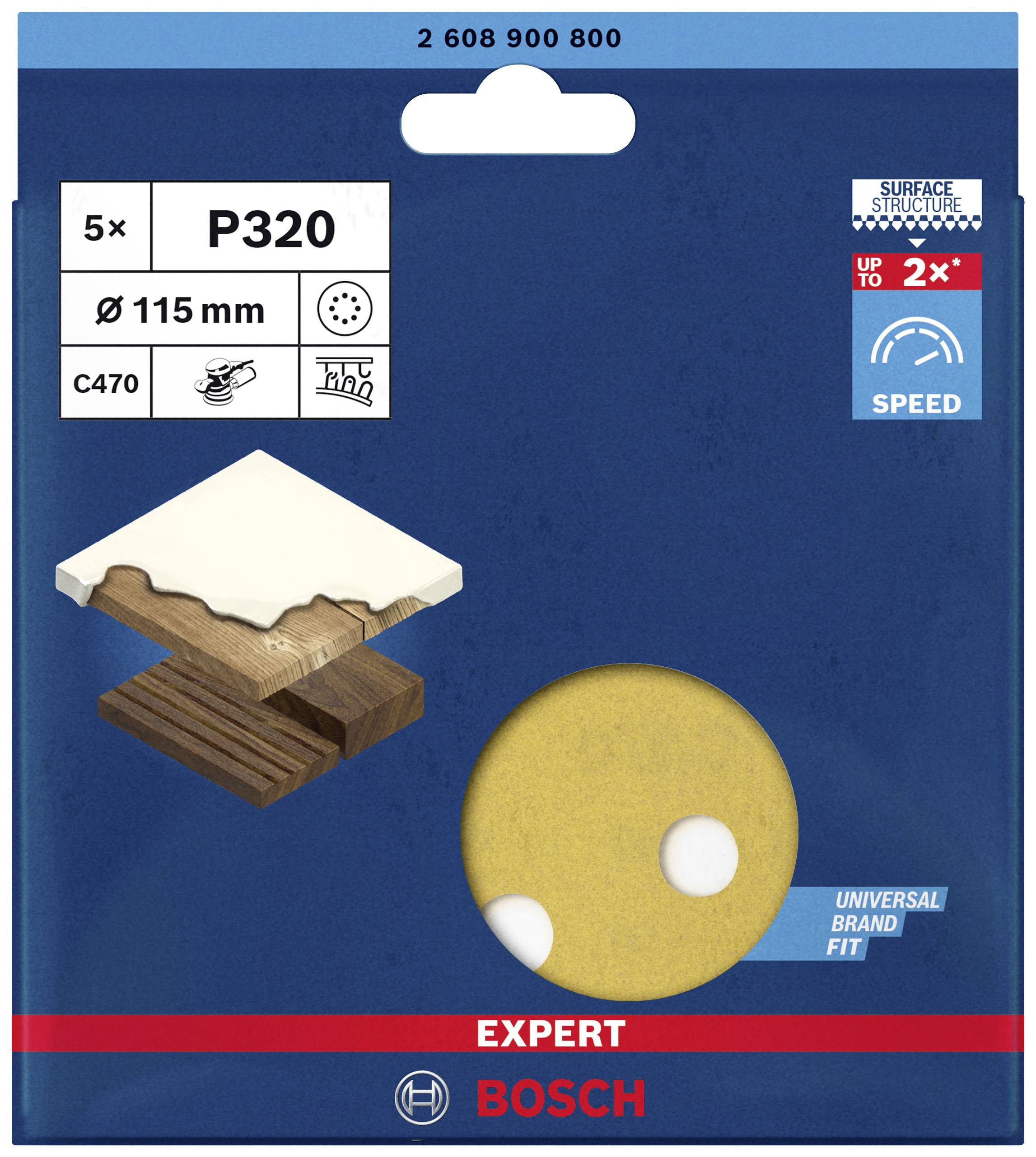 Schleifpapier P320 von Bosch, 5 Stück, Durchmesser 115 mm, geeignet für Holz und Metall, erhöht die Schleifgeschwindigkeit bis zu 2x.
