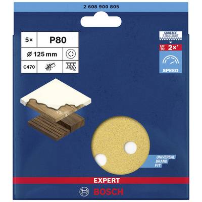 Verpackung eines Bosch Schleifpapiers, Körnung P80, geeignet für Holz und Farbe, Durchmesser 125 mm, 5 Stück, mit Abbildung.