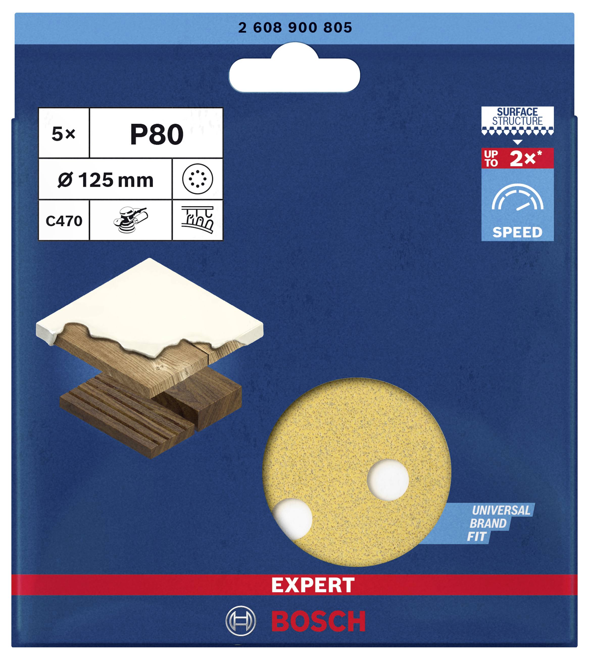 Verpackung mit fünf Schleifblättern der Körnung P80, Durchmesser 125 mm. Geeignet für Holz und Metall. Marke: Bosch.
