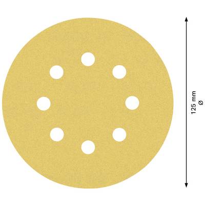 Runder Schleifpapierbogen, gelb, mit acht Löchern, Durchmesser 125 mm.