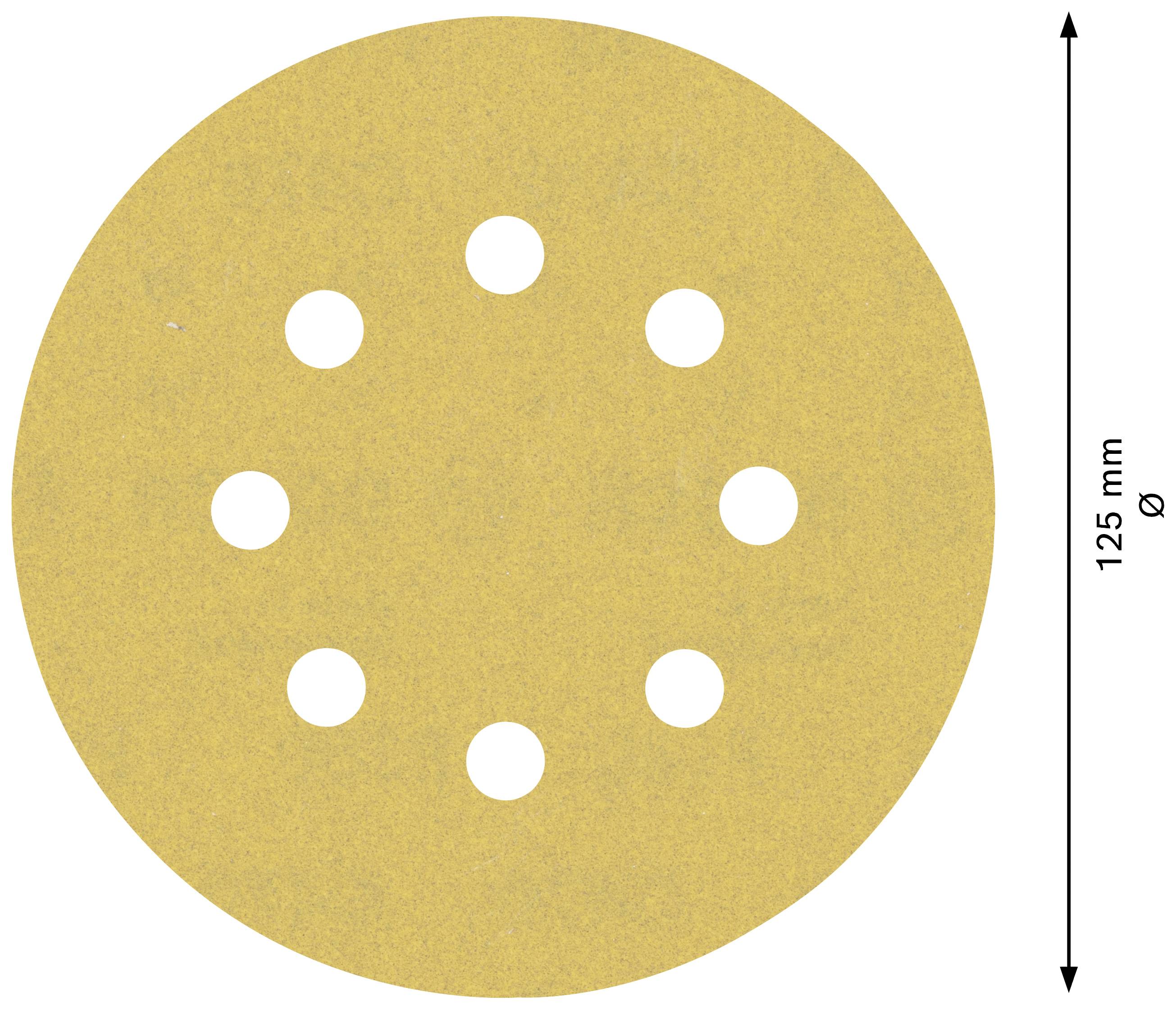 Kreisschleifpapier, 125 mm Durchmesser, mit 8 Löchern gleichmäßig verteilt.