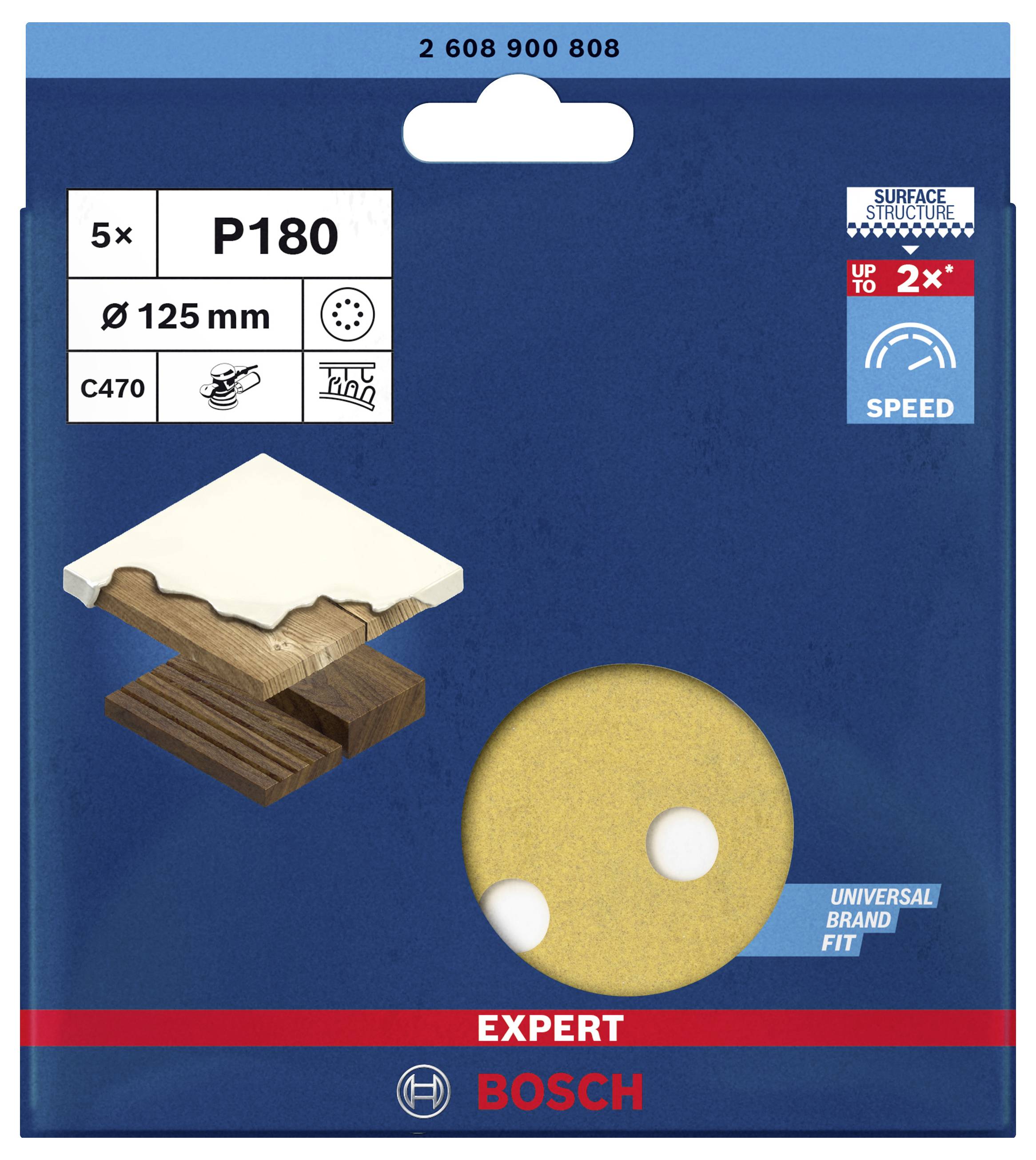 Verpackung für Schleifscheiben. Enthält 5 Stück, Körnung P180, Durchmesser 125 mm. Geeignet für Holz und Lack, schneller Schleifprozess.