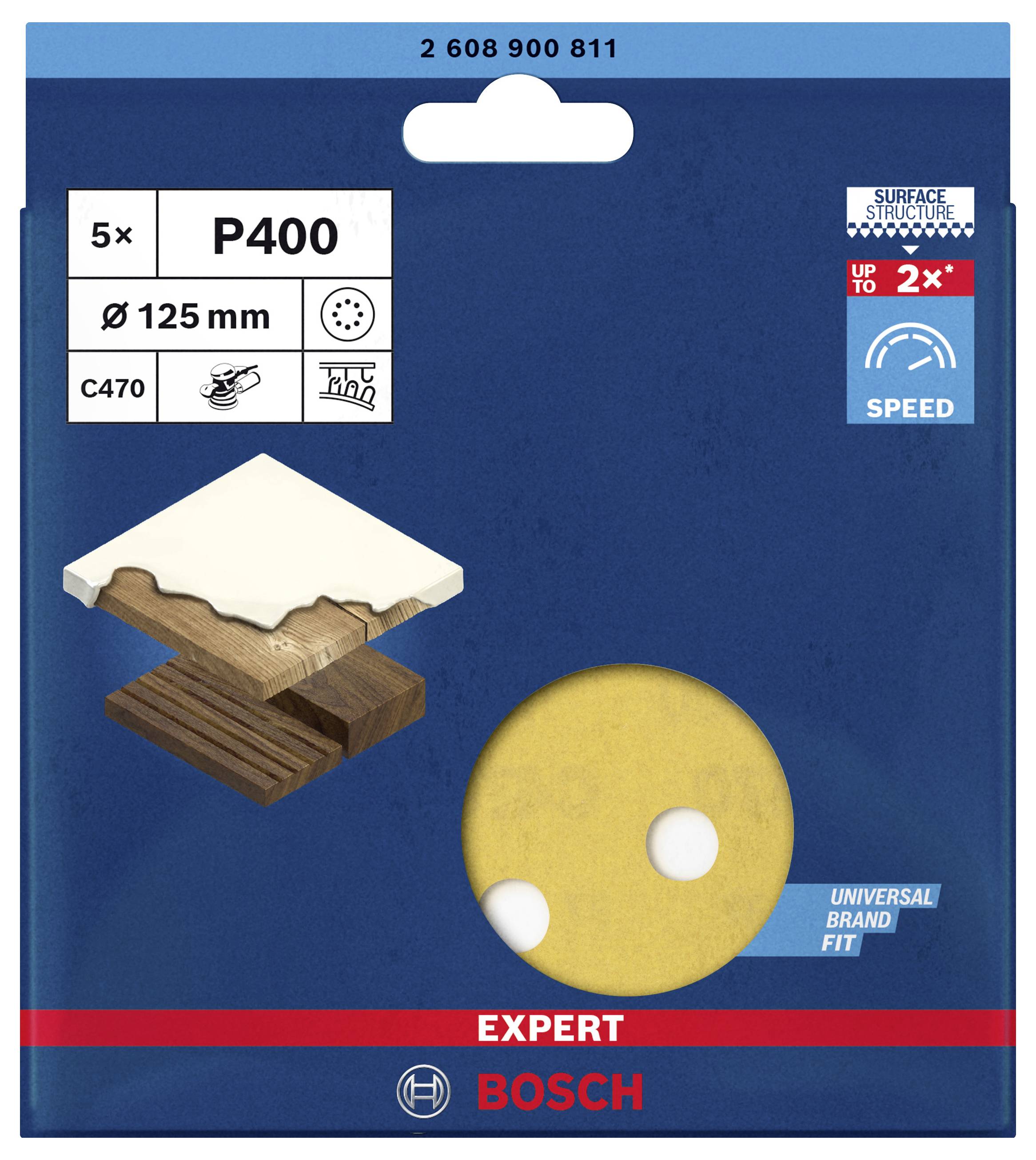 Verpackung mit fünf Schleifscheiben, Körnung P400, 125 mm Durchmesser, geeignet für Holz und Farbe. Marke Bosch, für hohe Geschwindigkeit.