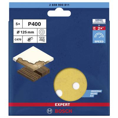 Verpackung mit fünf Schleifscheiben, Körnung P400, 125 mm Durchmesser, geeignet für Holz und Farbe. Marke Bosch, für hohe Geschwindigkeit.