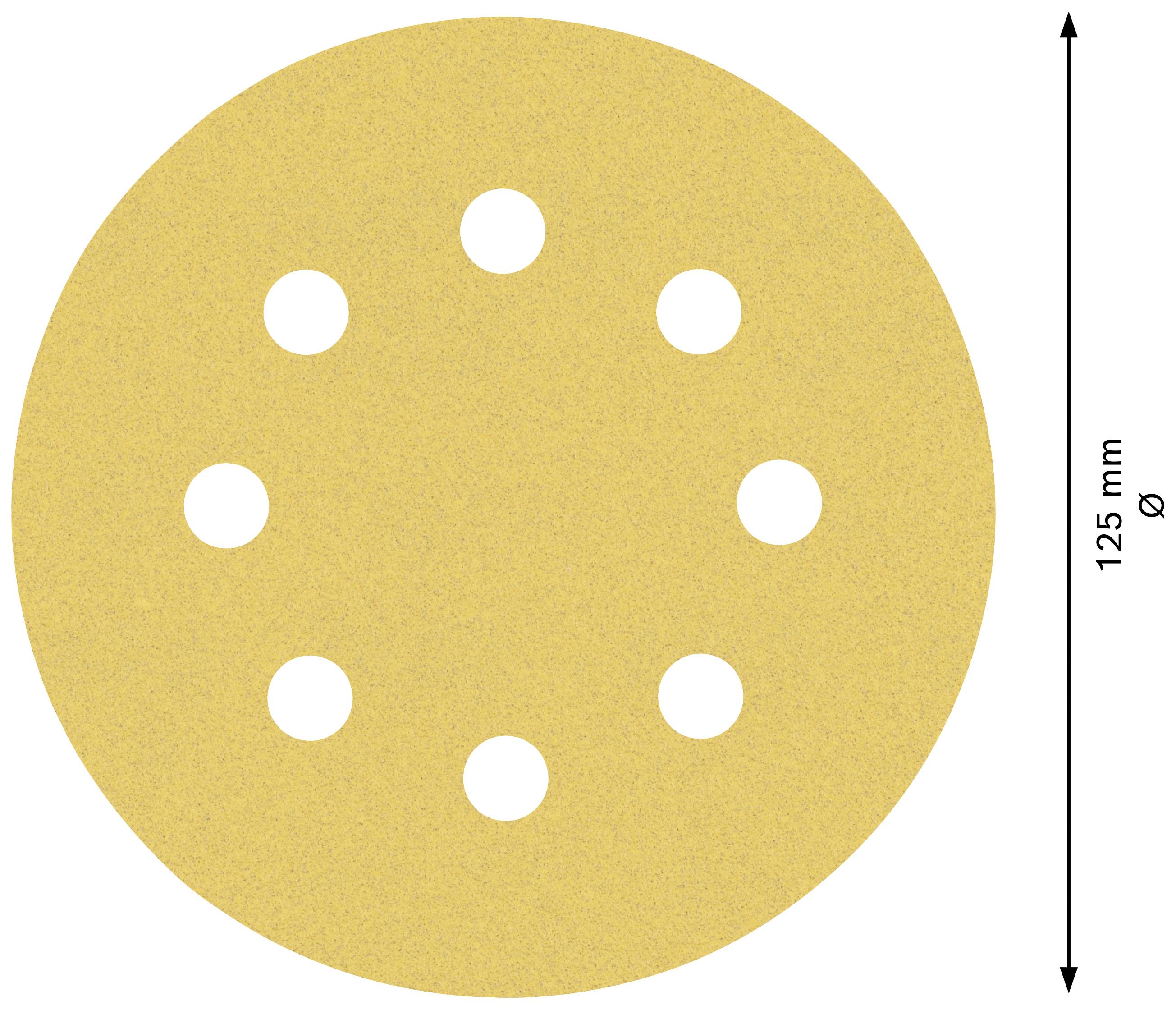 Kreisrundes gelbes Schleifpapier mit acht gleichmäßig verteilten Löchern, Durchmesser 125 mm.