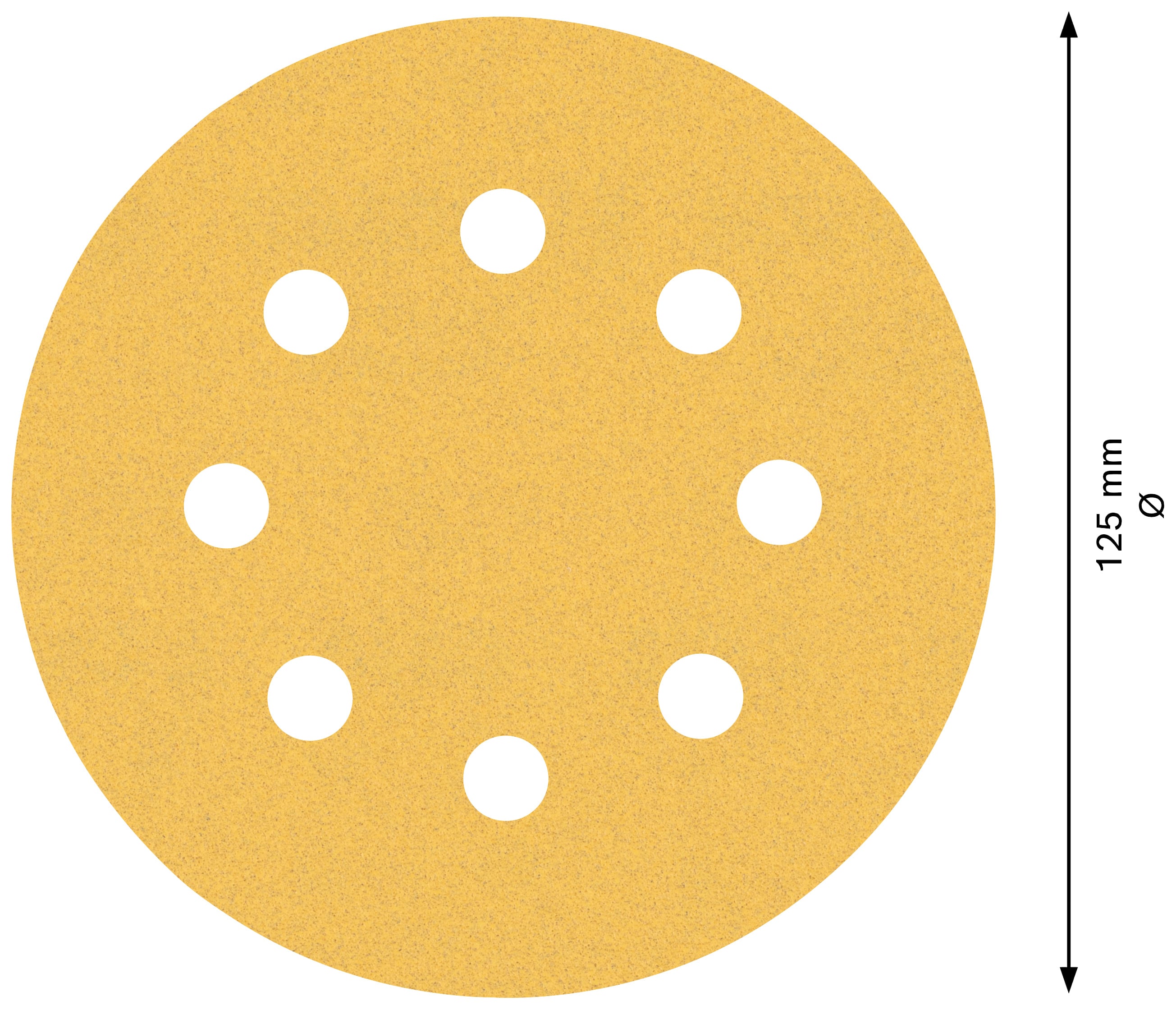 Kreisrundes gelbes Schleifpapier mit acht gleichmäßig verteilten Löchern, Durchmesser 125 mm.