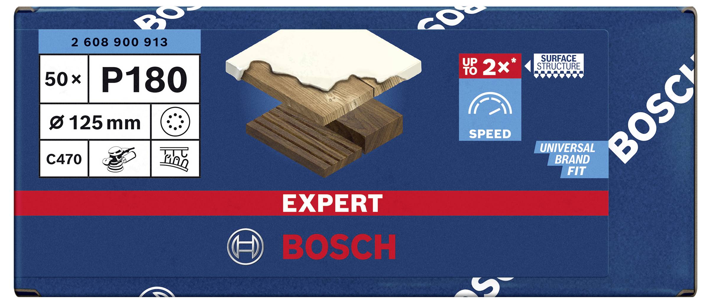 'Bosch Expert' Sandpapier, P180, 50 Stück, für Holz, Ø 125 mm, symbolisiert mit Holz und Papier, betont hohe Geschwindigkeit und universelle Passform.