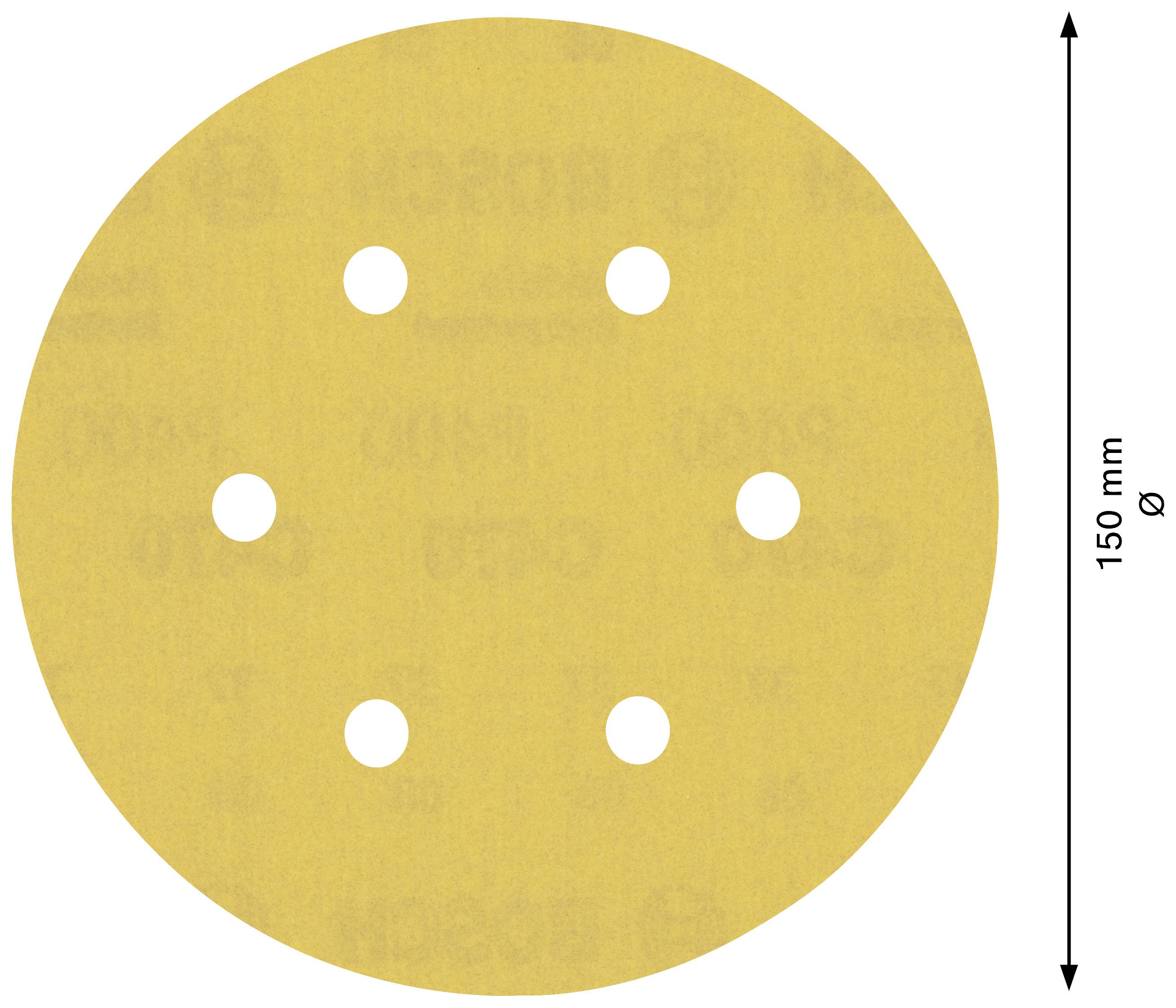 Kreisförmiges Schleifpapier mit einem Durchmesser von 150 mm, hat sechs Löcher zur Staubabsaugung.