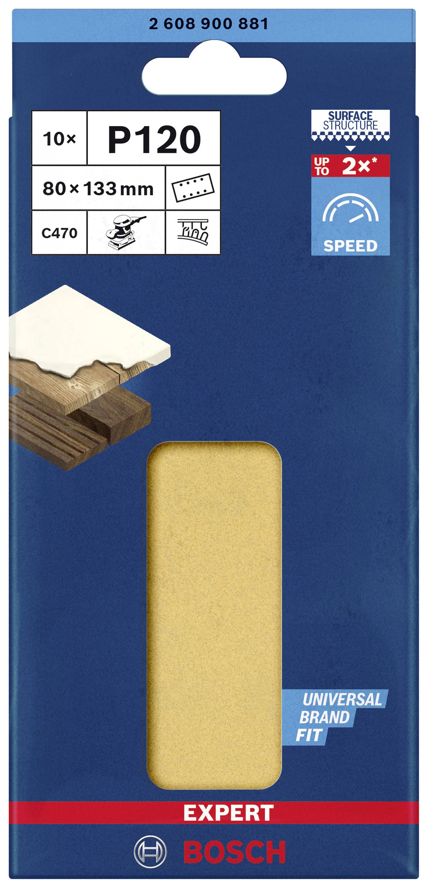 Verpackung eines Bosch Schleifpapiers P120, 80 x 133 mm, 10 Stück. Geeignet für Holz und Farbe, zeigt Symbole für Anwendungsbereiche.