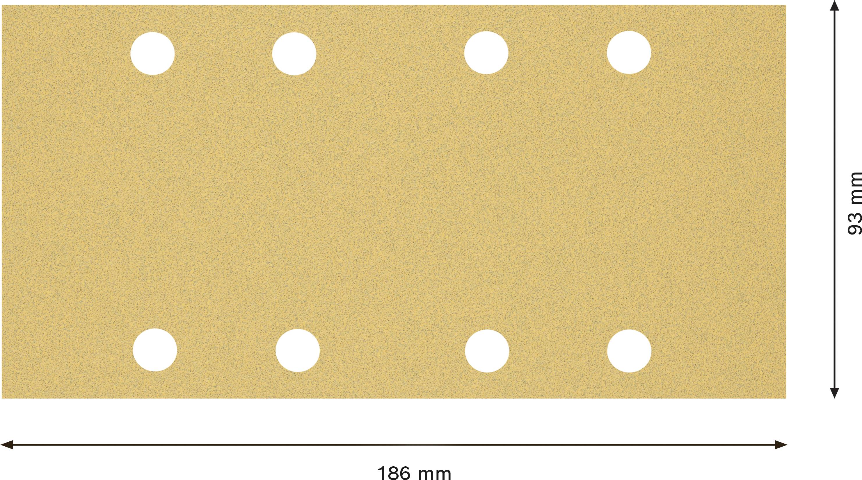 Sandpapierblatt mit sechs Löchern, rechteckig. Maße: 186 mm Breite und 93 mm Höhe.