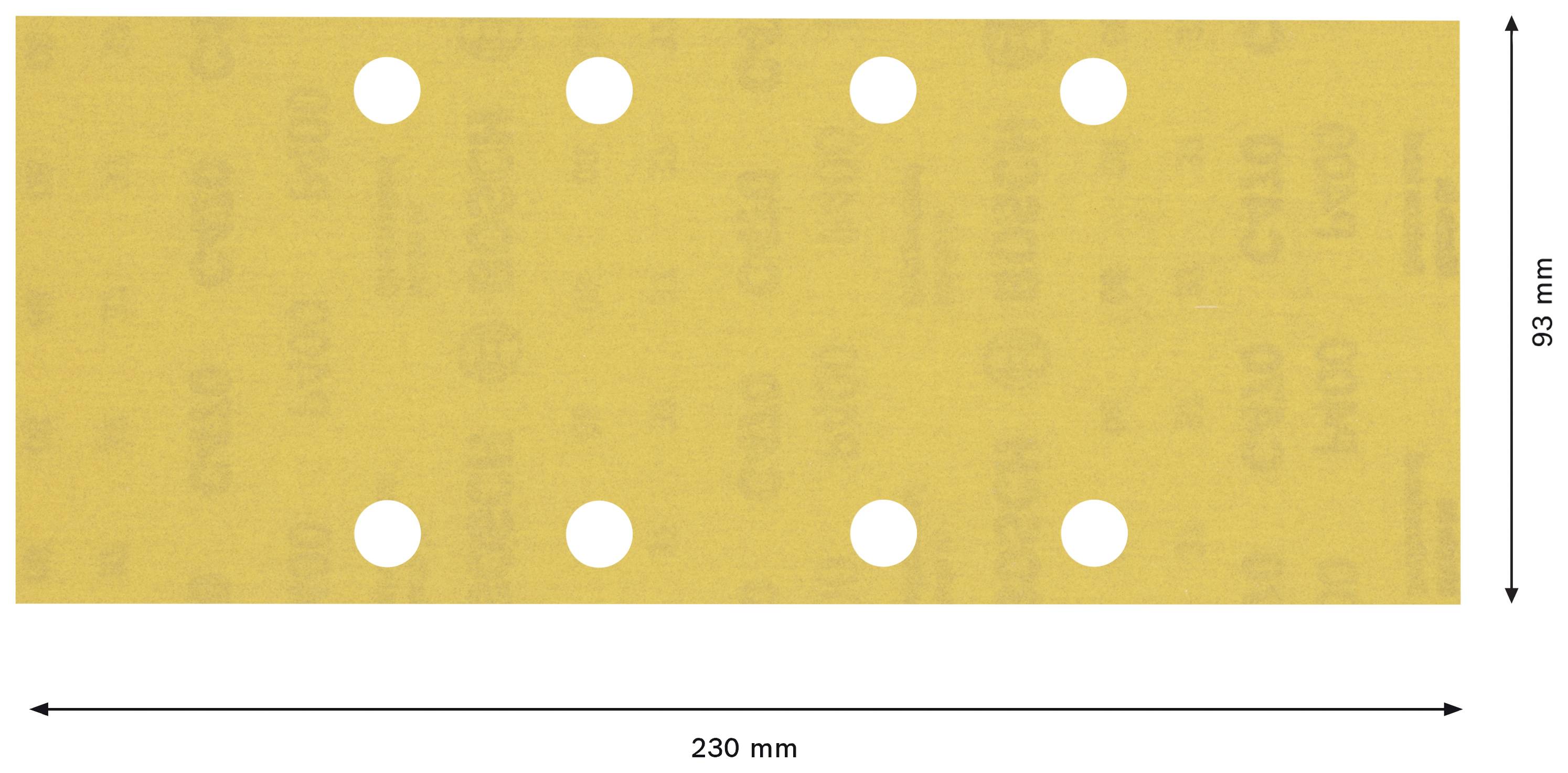 Gelbes Schleifpapier mit sechs Löchern. Größe: 230 mm x 93 mm.
