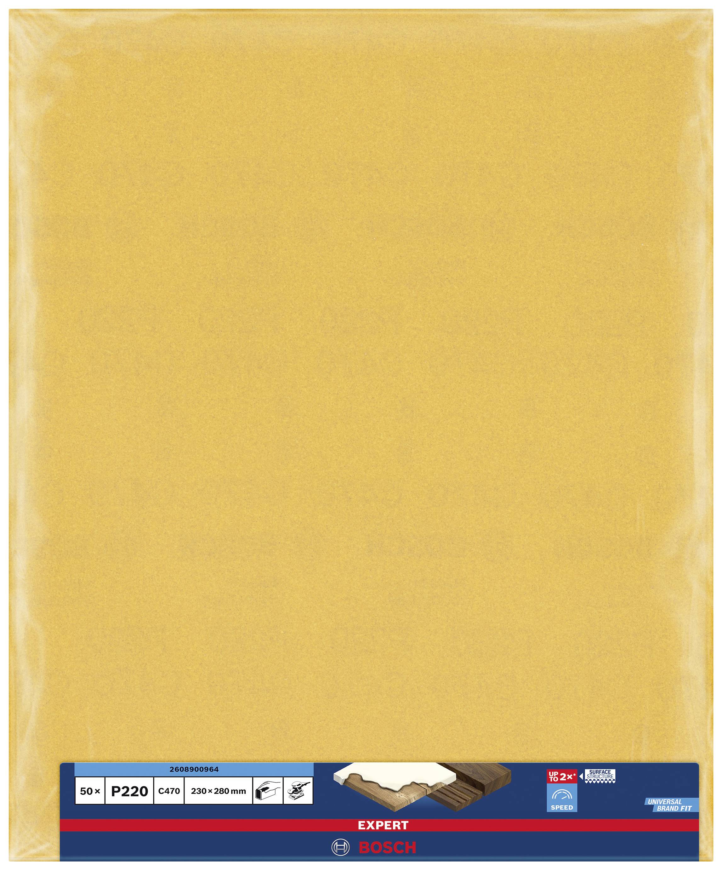 Ein gelbes Bosch Schleifpapierblatt der Körnung P220, geeignet zum Holz- und Metallglätten. Verpackung mit blauer Unterkante.