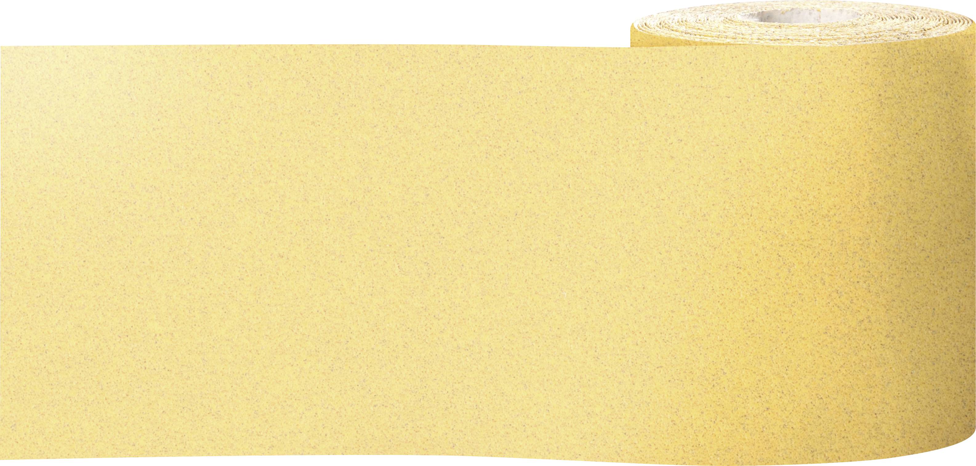 Eine ausgerollte Rolle Schleifpapier, gelblich in der Farbe, zeigt ihre raue Oberfläche.